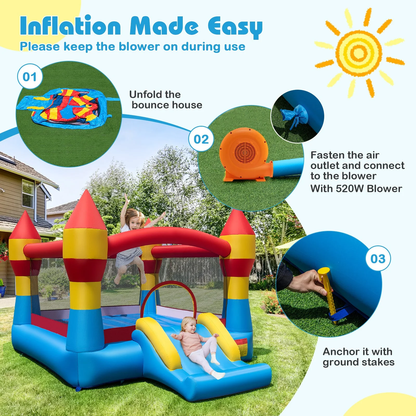 3-in-1 Kids Bouncer with Slide with 520W Blower for Yard - Image 8