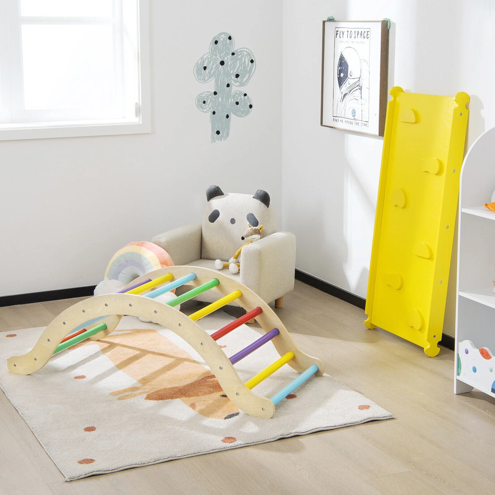 3-in-1 Kids Climber Set Wooden Arch Triangle Rocker with Ramp and Mat - Image 2