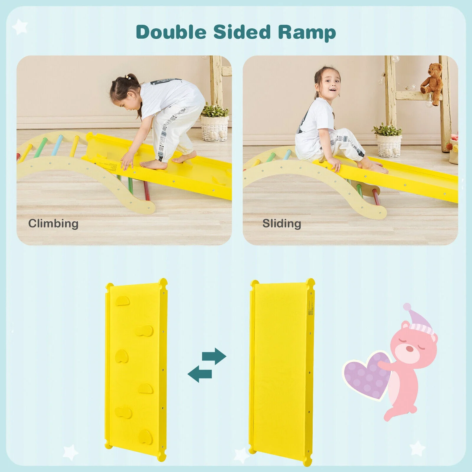 3-in-1 Kids Climber Set Wooden Arch Triangle Rocker with Ramp and Mat - Image 3