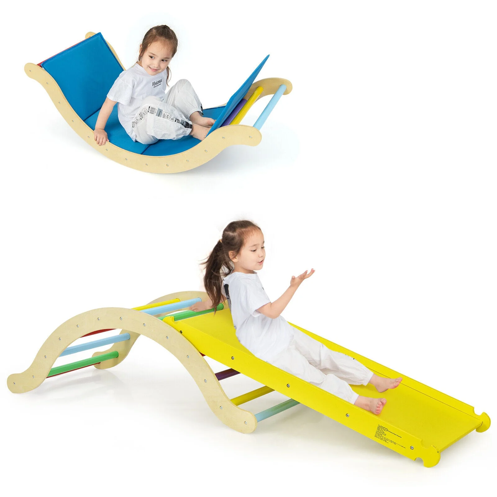 3-in-1 Kids Climber Set Wooden Arch Triangle Rocker with Ramp and Mat - Image 4
