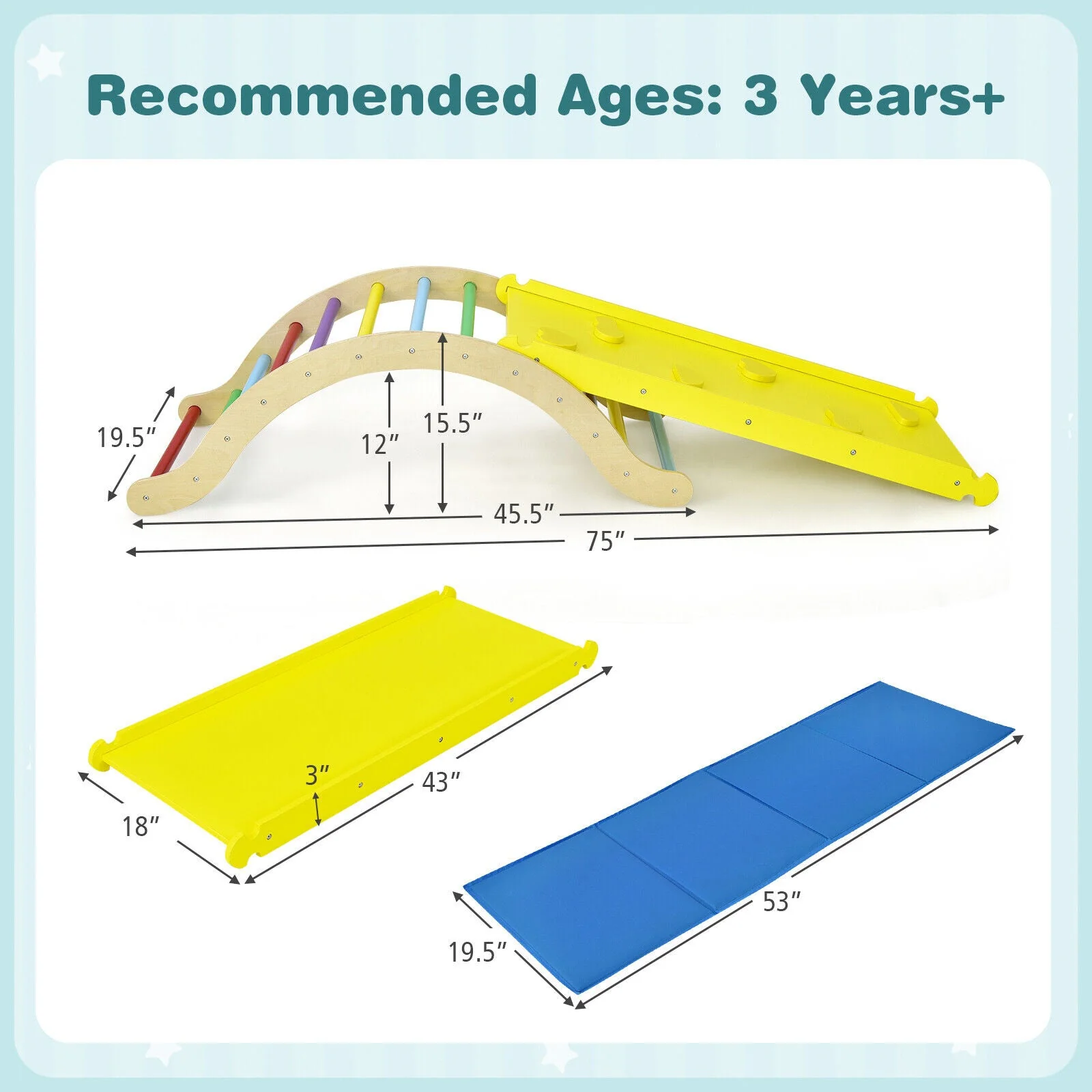 3-in-1 Kids Climber Set Wooden Arch Triangle Rocker with Ramp and Mat - Image 5