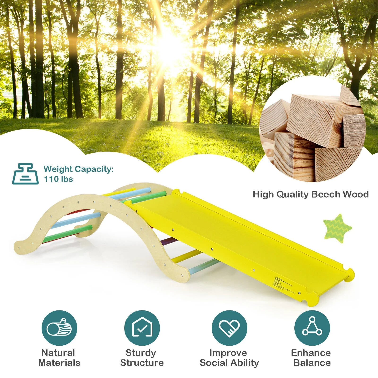 3-in-1 Kids Climber Set Wooden Arch Triangle Rocker with Ramp and Mat - Image 6