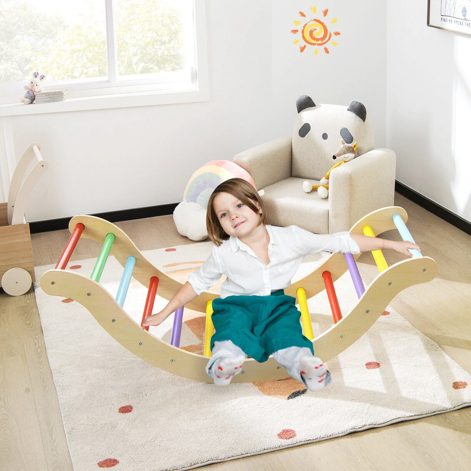 3-in-1 Kids Climber Set Wooden Arch Triangle Rocker with Ramp and Mat - Image 7