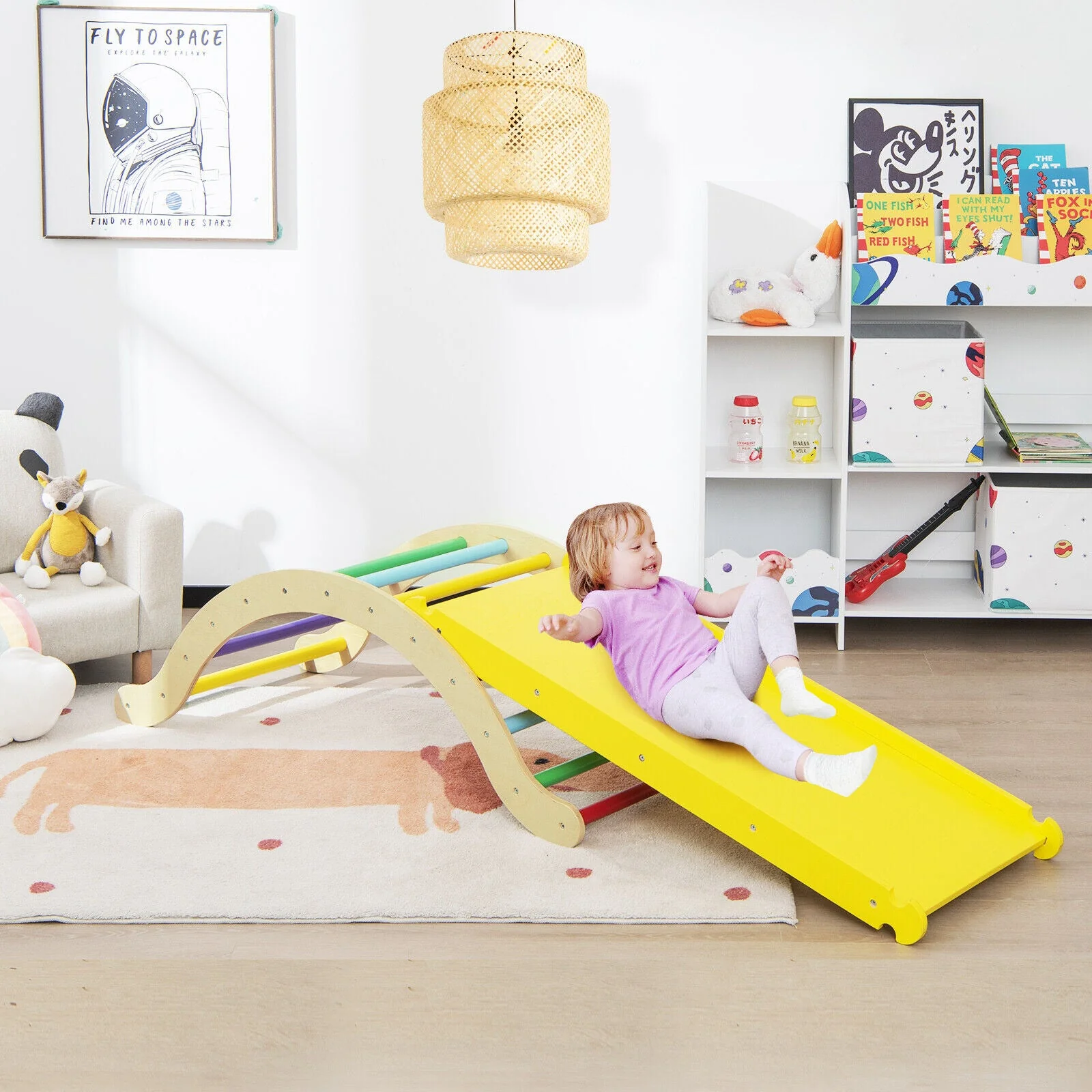 3-in-1 Kids Climber Set Wooden Arch Triangle Rocker with Ramp and Mat - Image 8