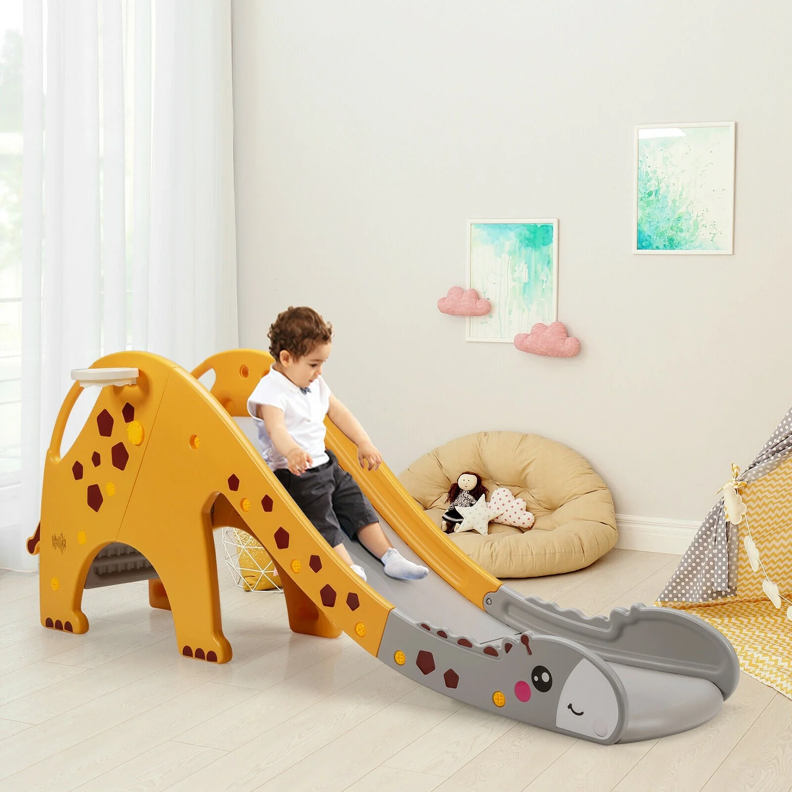 3-in-1 Kids Climber Slide Play Set with Basketball Hoop-Yellow - Image 2