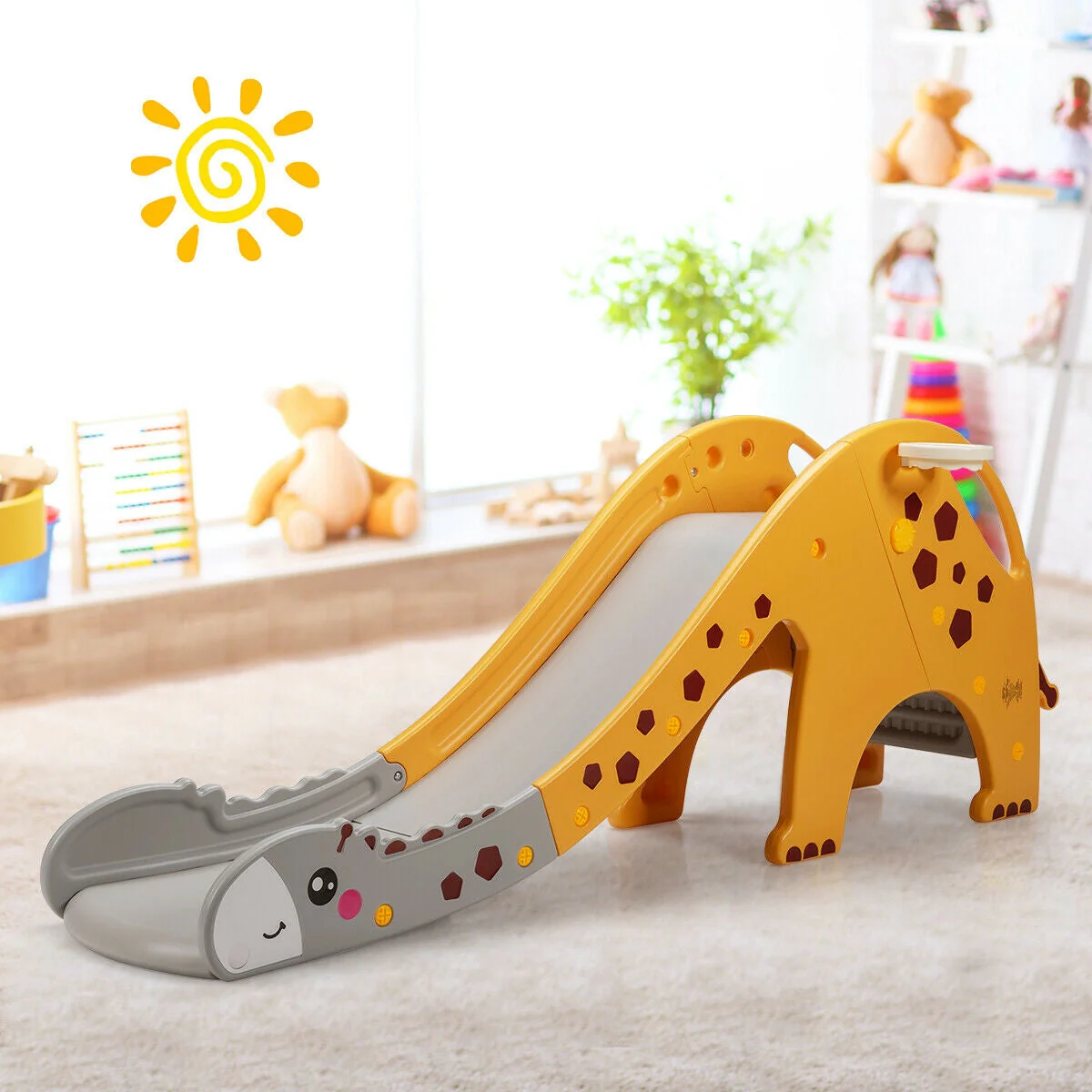 3-in-1 Kids Climber Slide Play Set with Basketball Hoop-Yellow - Image 3