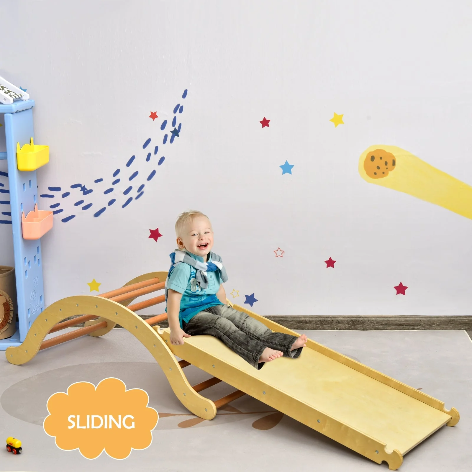 3-in-1 Kids Wooden Arch Triangle Rocker Climber Set with Ramp and Mat - Image 2