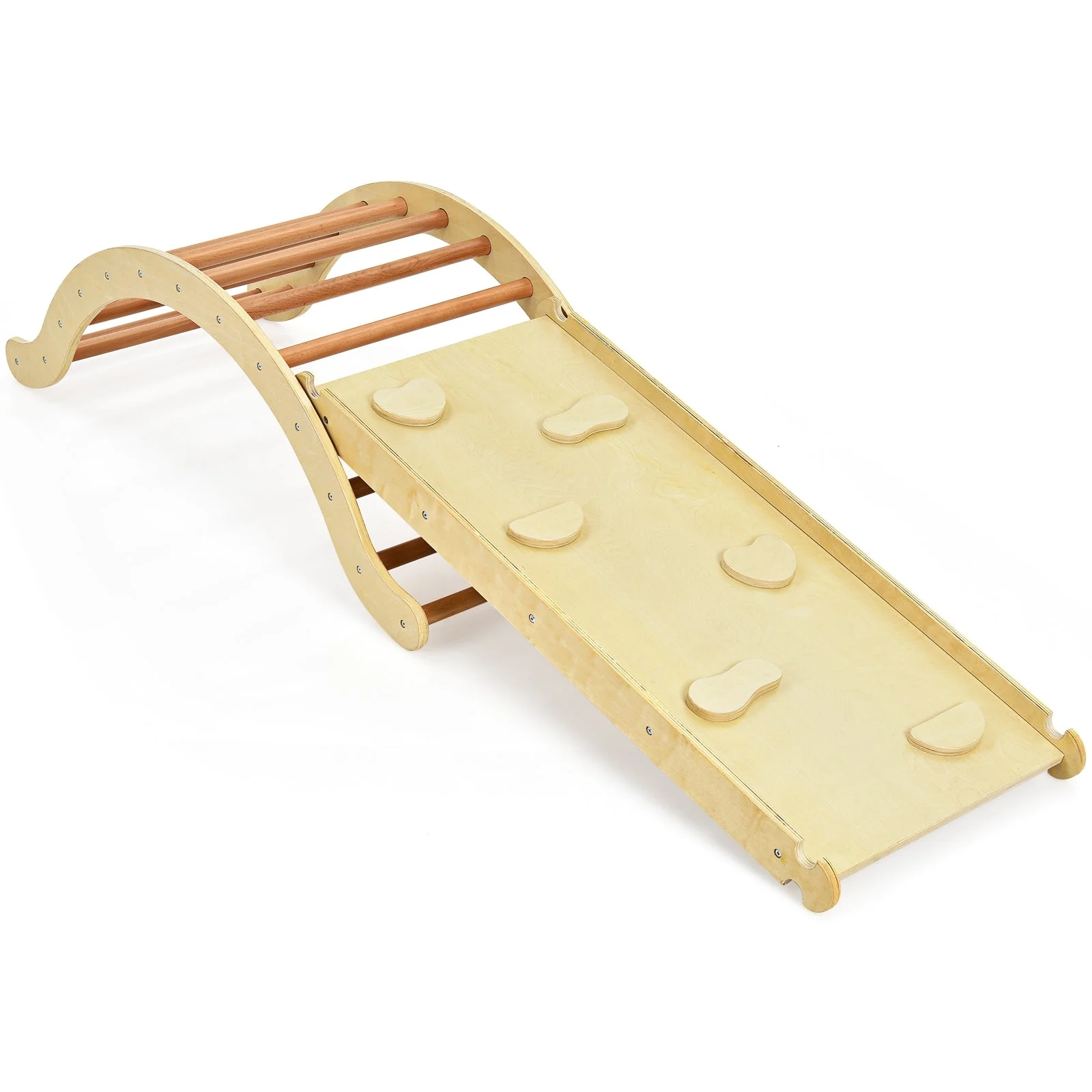 3-in-1 Kids Wooden Arch Triangle Rocker Climber Set with Ramp and Mat - Image 3