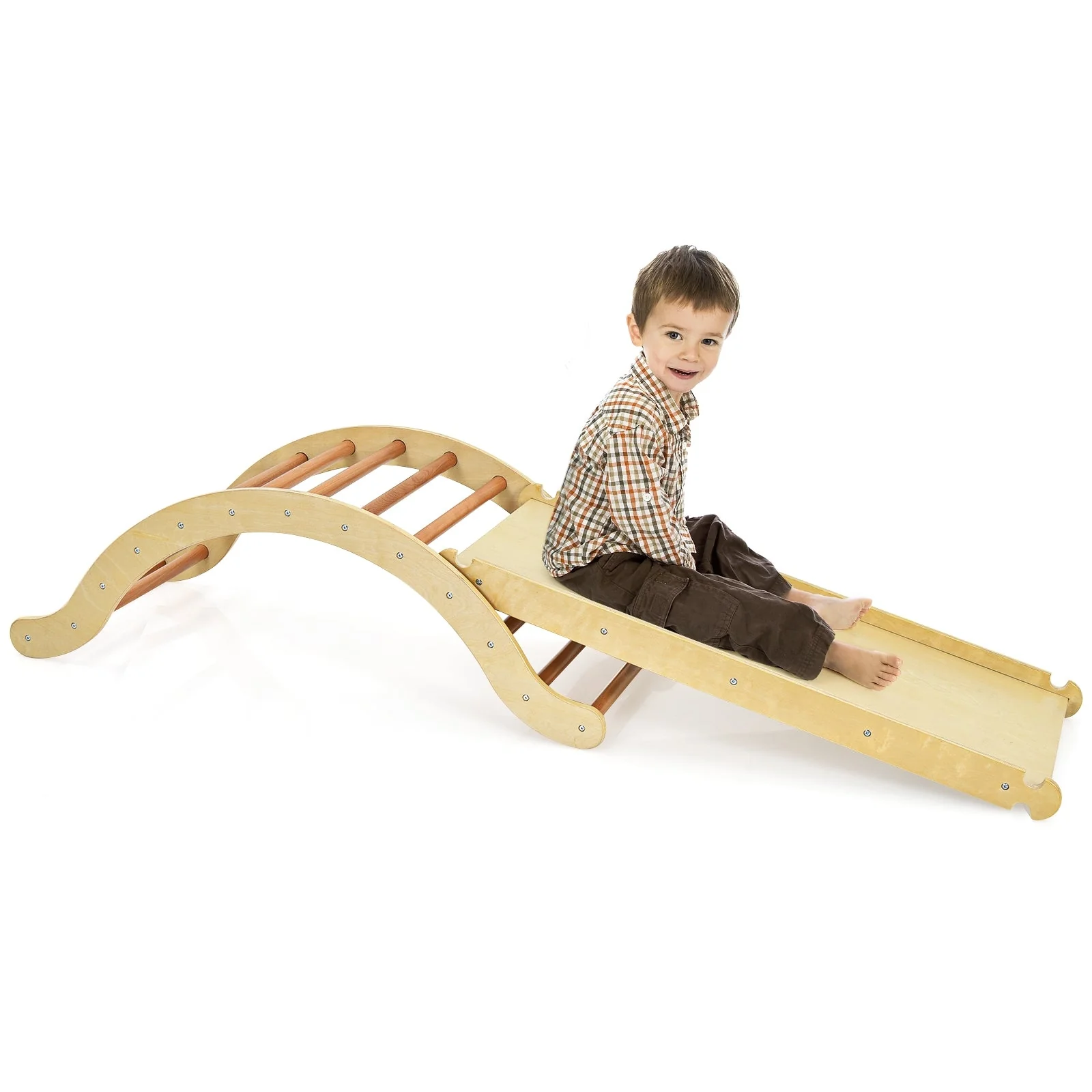 3-in-1 Kids Wooden Arch Triangle Rocker Climber Set with Ramp and Mat - Image 4