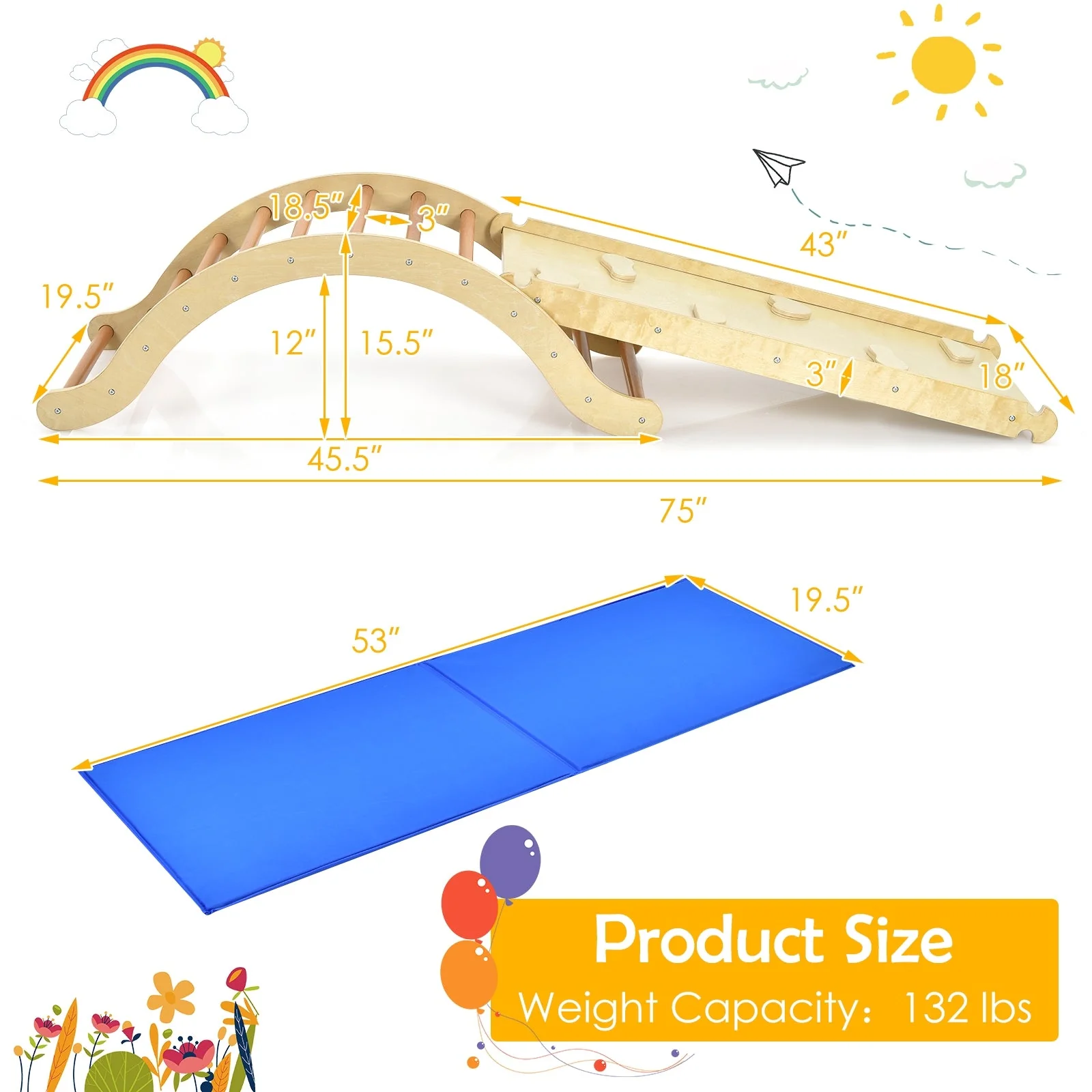3-in-1 Kids Wooden Arch Triangle Rocker Climber Set with Ramp and Mat - Image 5