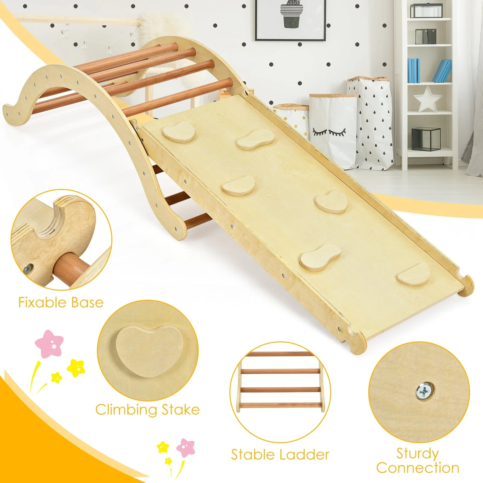 3-in-1 Kids Wooden Arch Triangle Rocker Climber Set with Ramp and Mat - Image 6