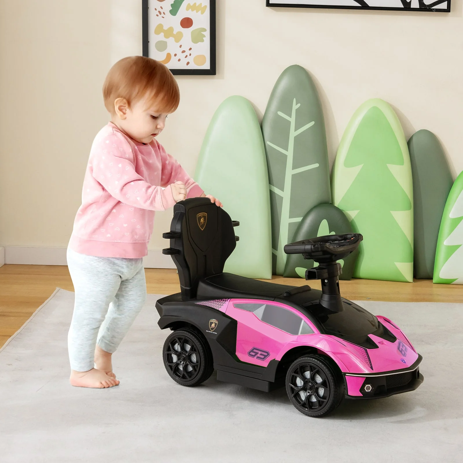 3-in-1 Licensed Lamborghini Ride on Push Car with Handle Guardrail-Pink - Image 2