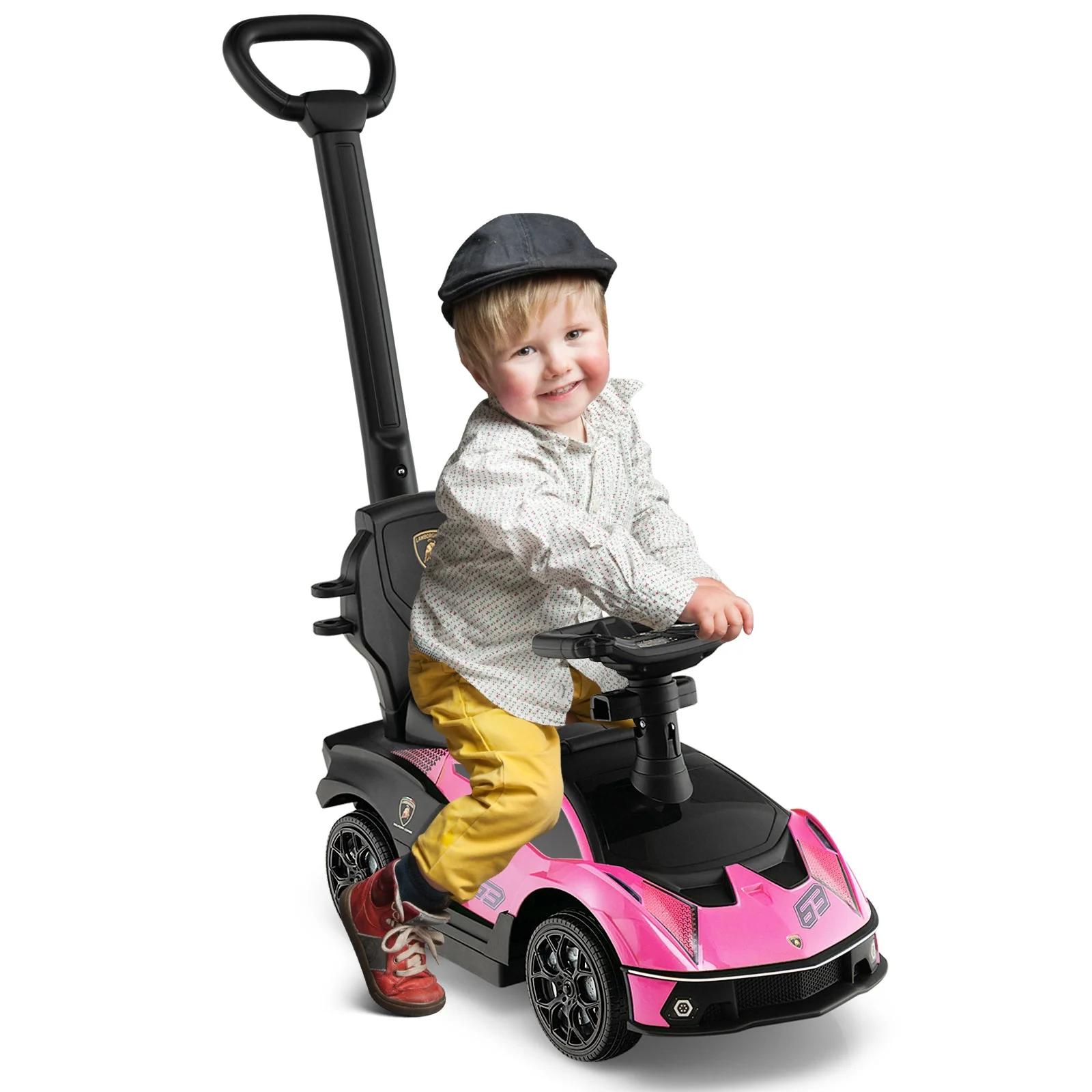 3-in-1 Licensed Lamborghini Ride on Push Car with Handle Guardrail-Pink - Image 4