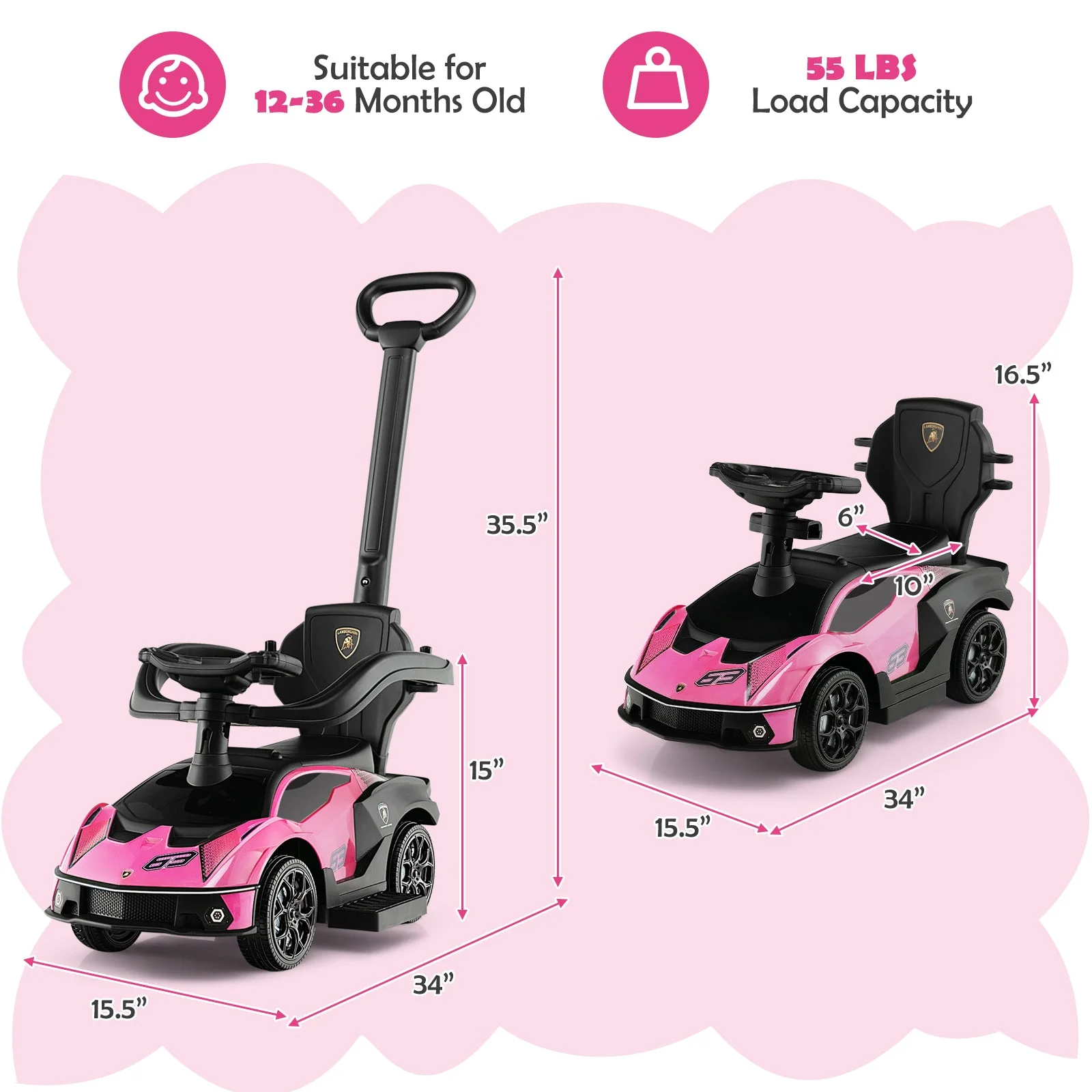 3-in-1 Licensed Lamborghini Ride on Push Car with Handle Guardrail-Pink - Image 5