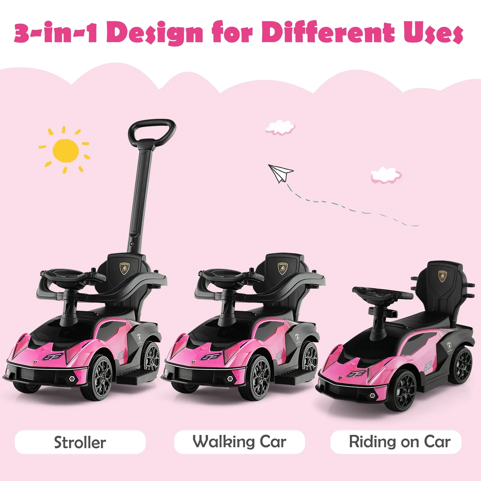 3-in-1 Licensed Lamborghini Ride on Push Car with Handle Guardrail-Pink - Image 6