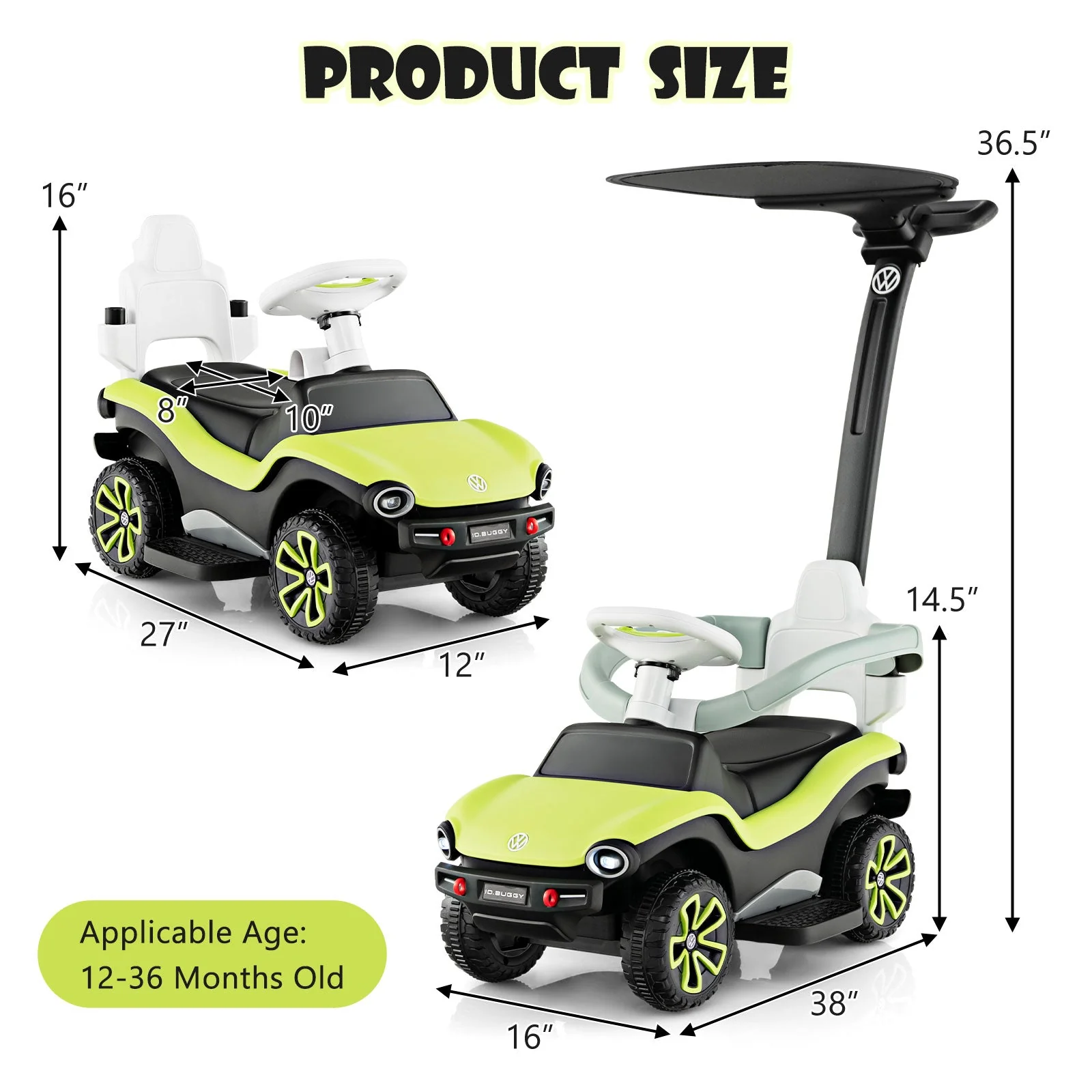 3-in-1 Licensed Volkswagen Ride on Push Car with 3-Position Adjustable Push Handle-Green - Image 4