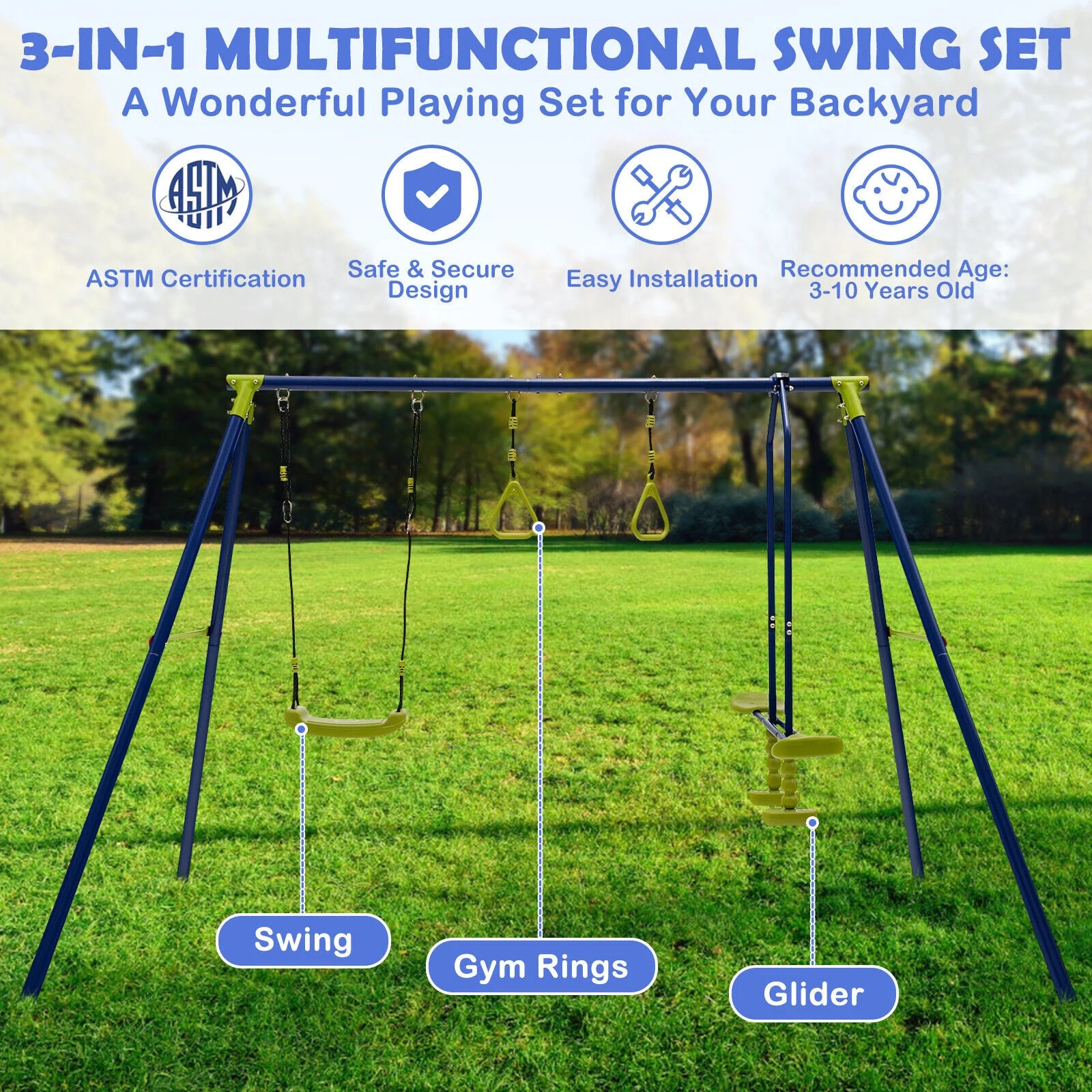 3-in-1 Outdoor Swing Set for Kids Aged 3 to 10 - Image 3