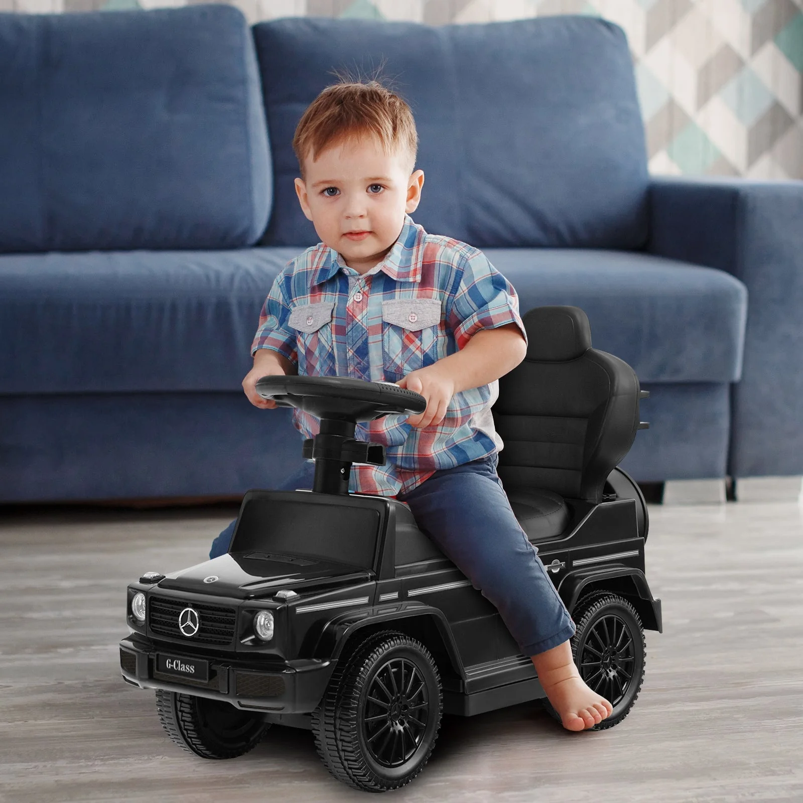 3-In-1 Ride on Push Car Mercedes Benz G350 Stroller Sliding Car with Canopy-Black - Image 2