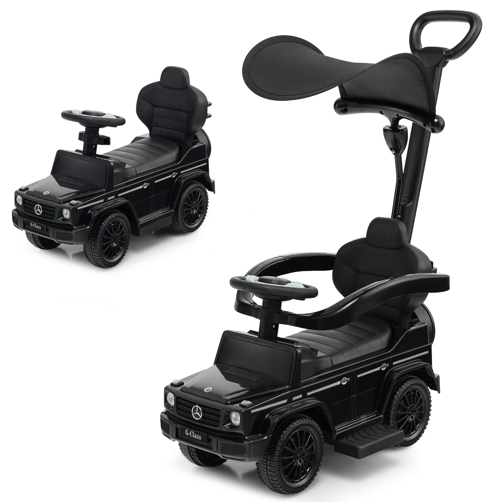 3-In-1 Ride on Push Car Mercedes Benz G350 Stroller Sliding Car with Canopy-Black - Image 3