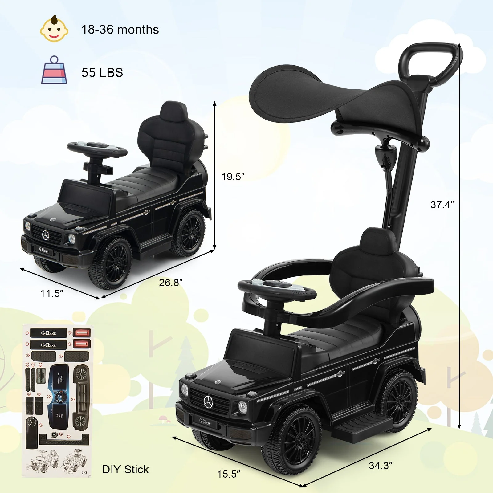 3-In-1 Ride on Push Car Mercedes Benz G350 Stroller Sliding Car with Canopy-Black - Image 4