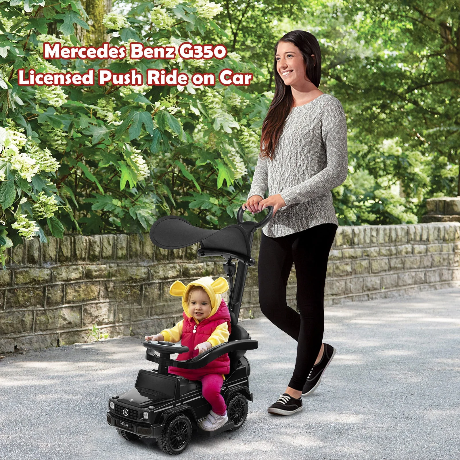 3-In-1 Ride on Push Car Mercedes Benz G350 Stroller Sliding Car with Canopy-Black - Image 5
