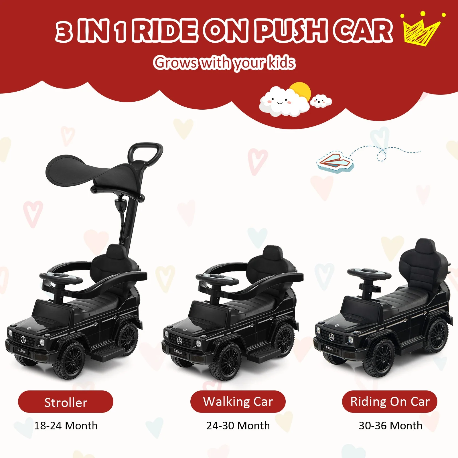 3-In-1 Ride on Push Car Mercedes Benz G350 Stroller Sliding Car with Canopy-Black - Image 6