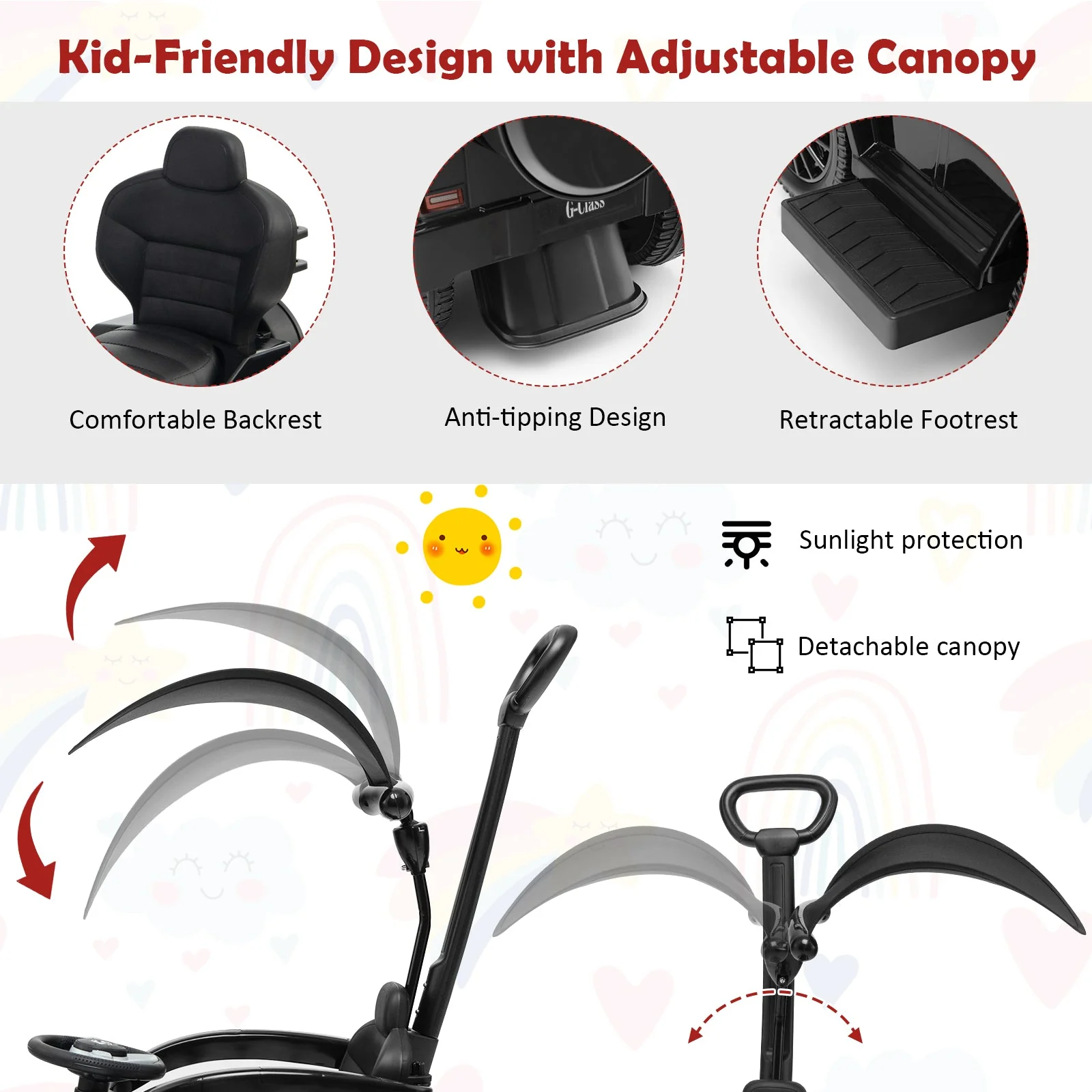 3-In-1 Ride on Push Car Mercedes Benz G350 Stroller Sliding Car with Canopy-Black - Image 7