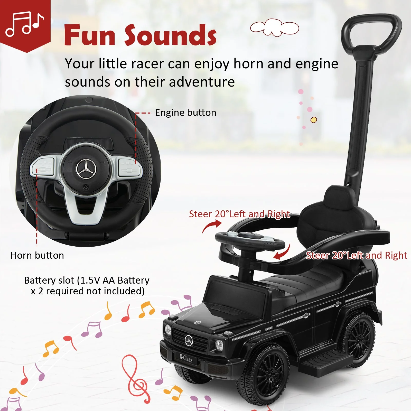 3-In-1 Ride on Push Car Mercedes Benz G350 Stroller Sliding Car with Canopy-Black - Image 8
