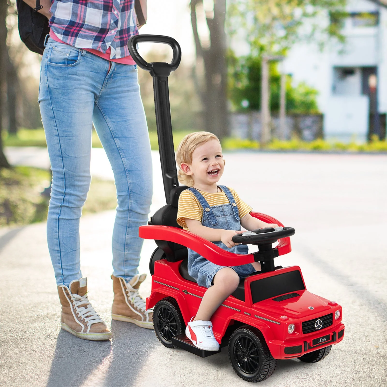 3-In-1 Ride on Push Car Mercedes Benz G350 Stroller Sliding Car with Canopy-Red - Image 2