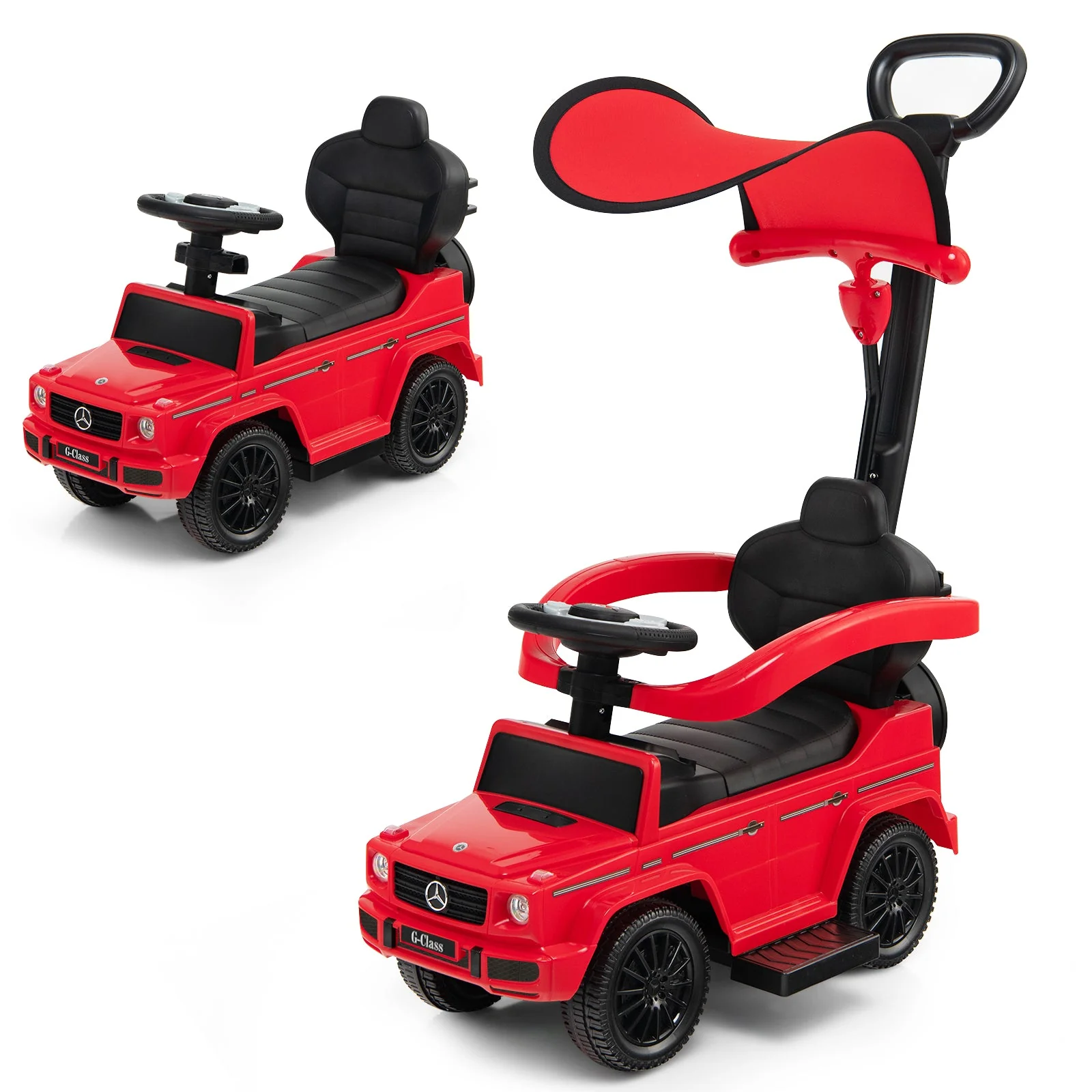 3-In-1 Ride on Push Car Mercedes Benz G350 Stroller Sliding Car with Canopy-Red - Image 3