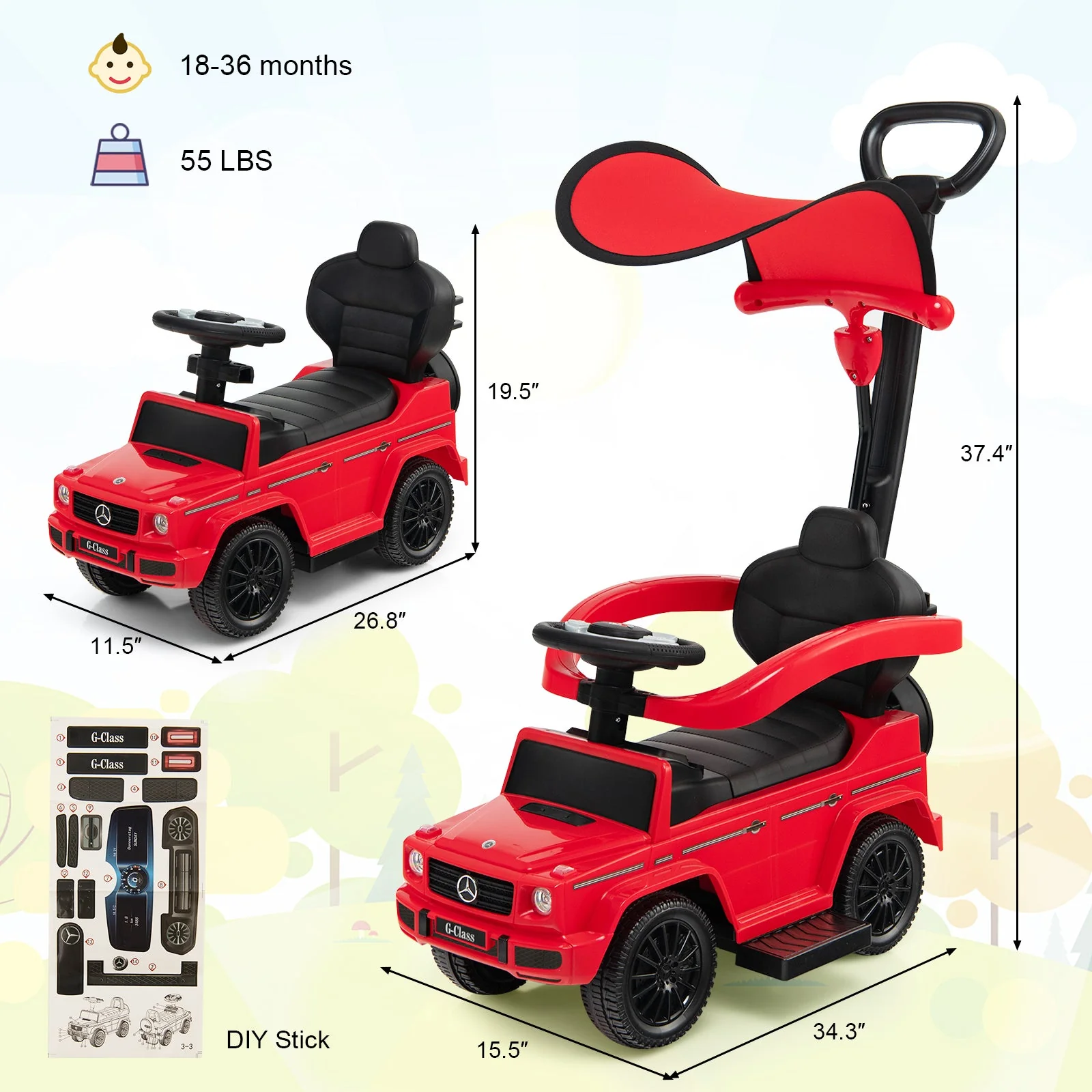 3-In-1 Ride on Push Car Mercedes Benz G350 Stroller Sliding Car with Canopy-Red - Image 4