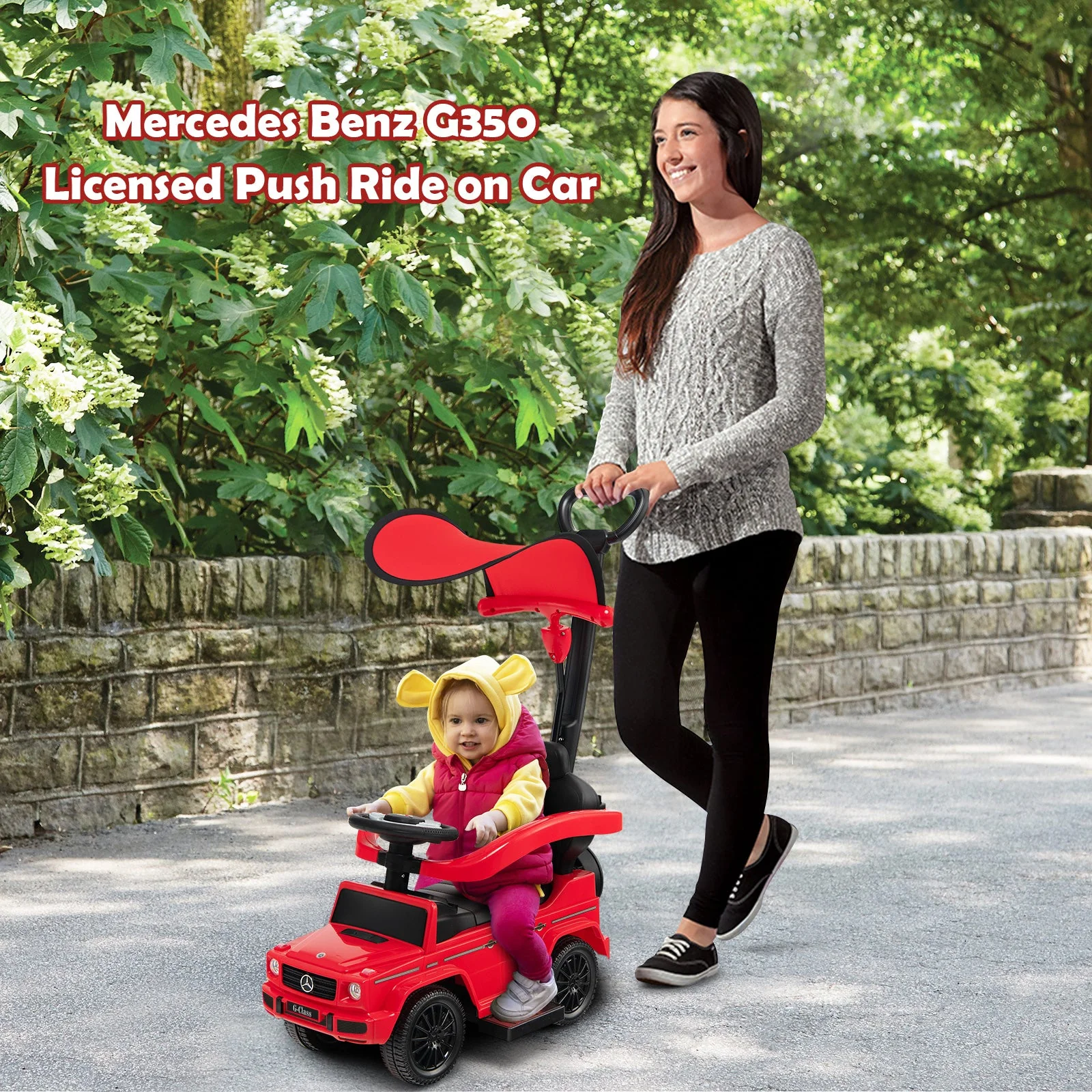 3-In-1 Ride on Push Car Mercedes Benz G350 Stroller Sliding Car with Canopy-Red - Image 5