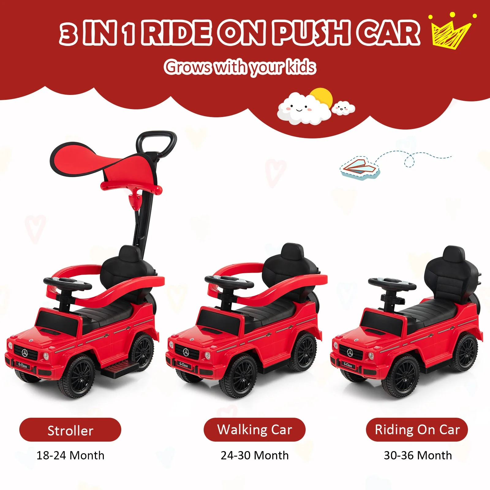 3-In-1 Ride on Push Car Mercedes Benz G350 Stroller Sliding Car with Canopy-Red - Image 6