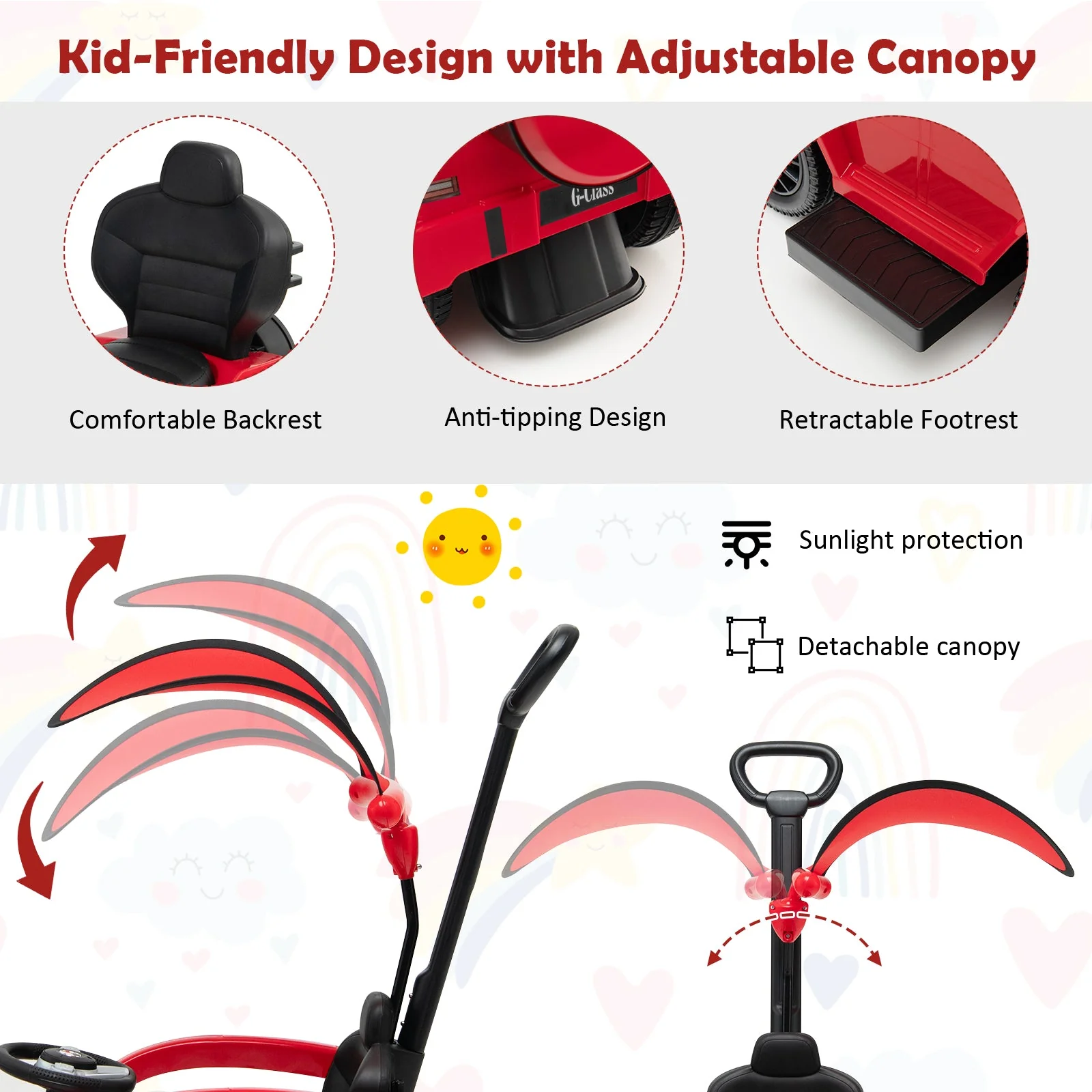 3-In-1 Ride on Push Car Mercedes Benz G350 Stroller Sliding Car with Canopy-Red - Image 7