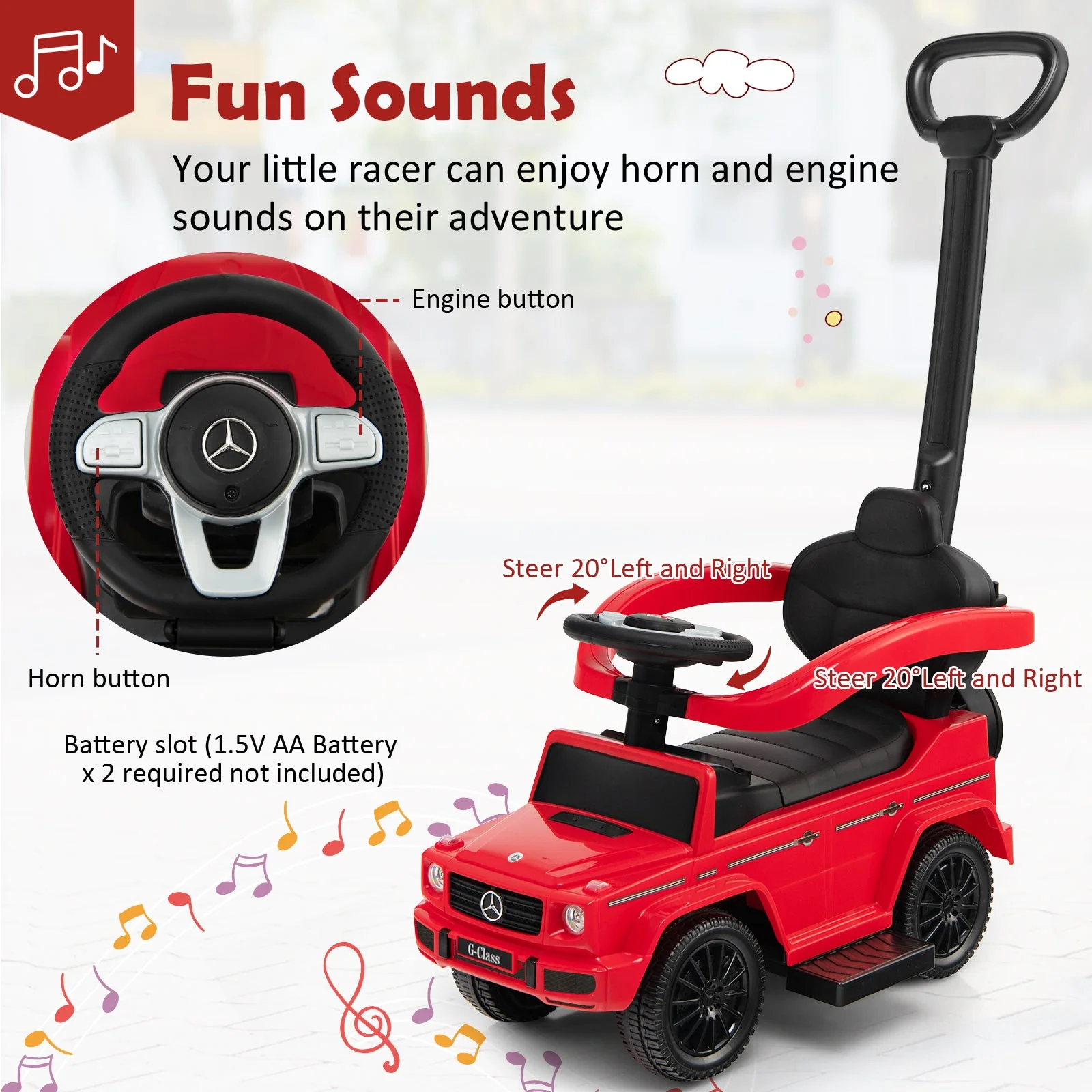 3-In-1 Ride on Push Car Mercedes Benz G350 Stroller Sliding Car with Canopy-Red - Image 8
