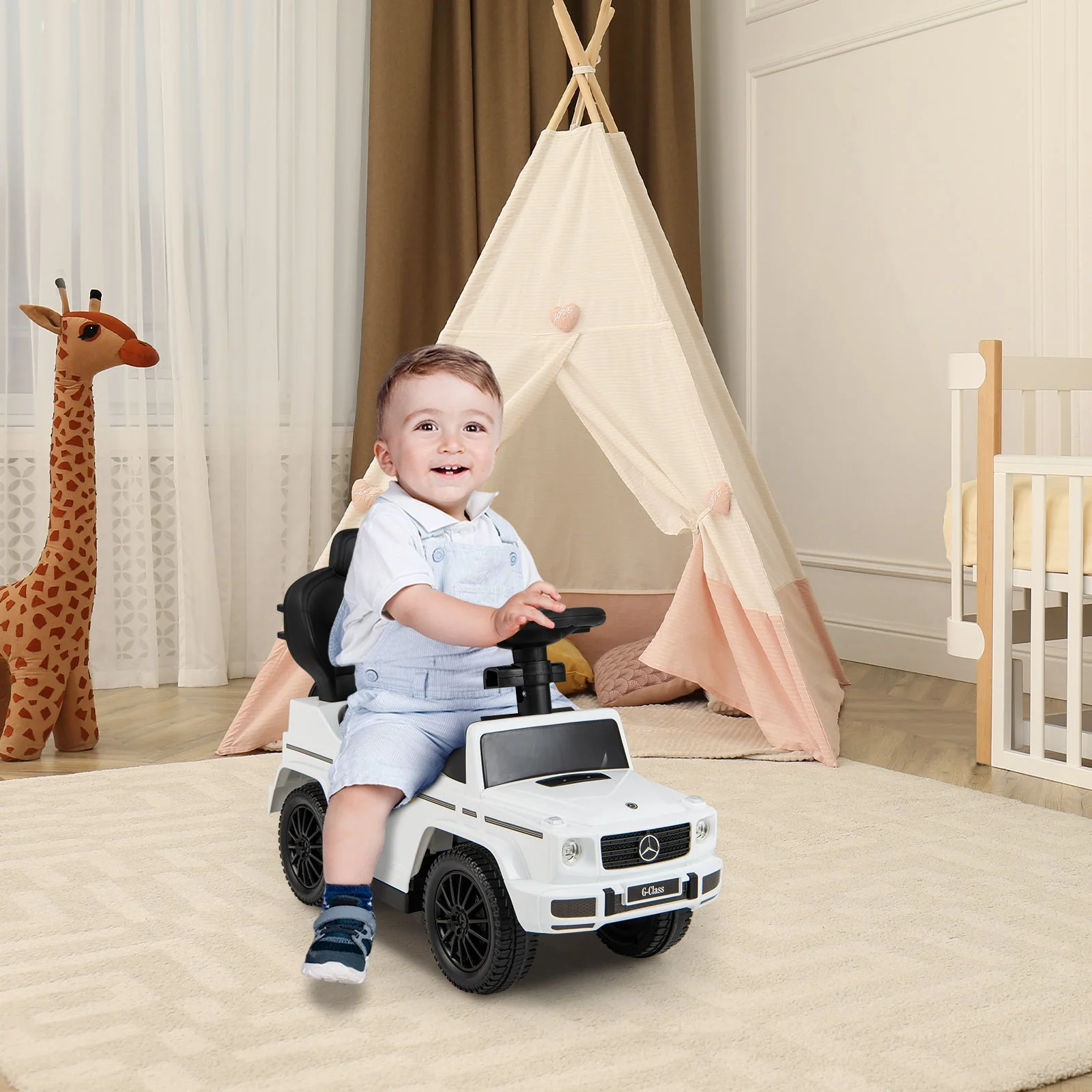 3-In-1 Ride on Push Car Mercedes Benz G350 Stroller Sliding Car with Canopy-White - Image 2