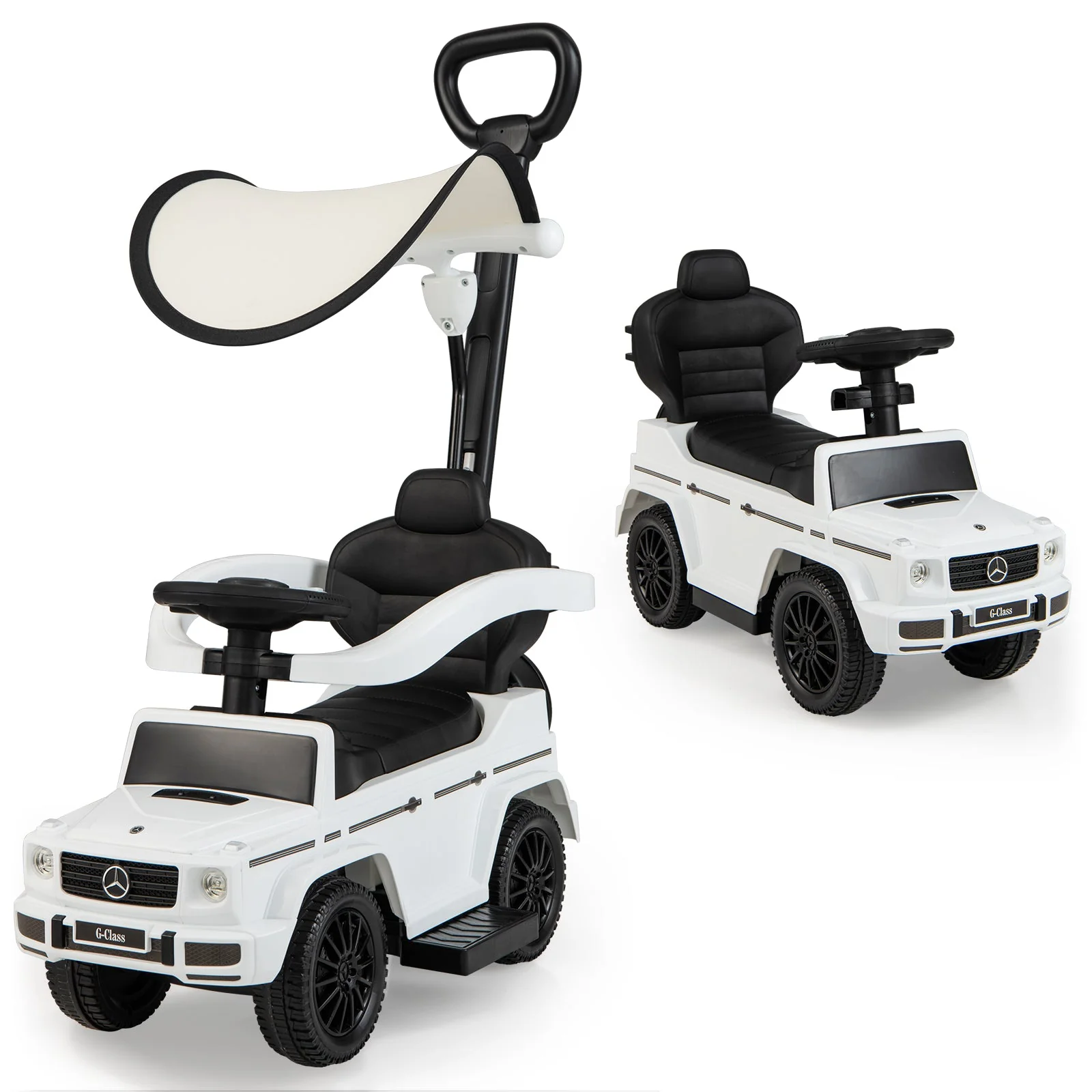3-In-1 Ride on Push Car Mercedes Benz G350 Stroller Sliding Car with Canopy-White - Image 3