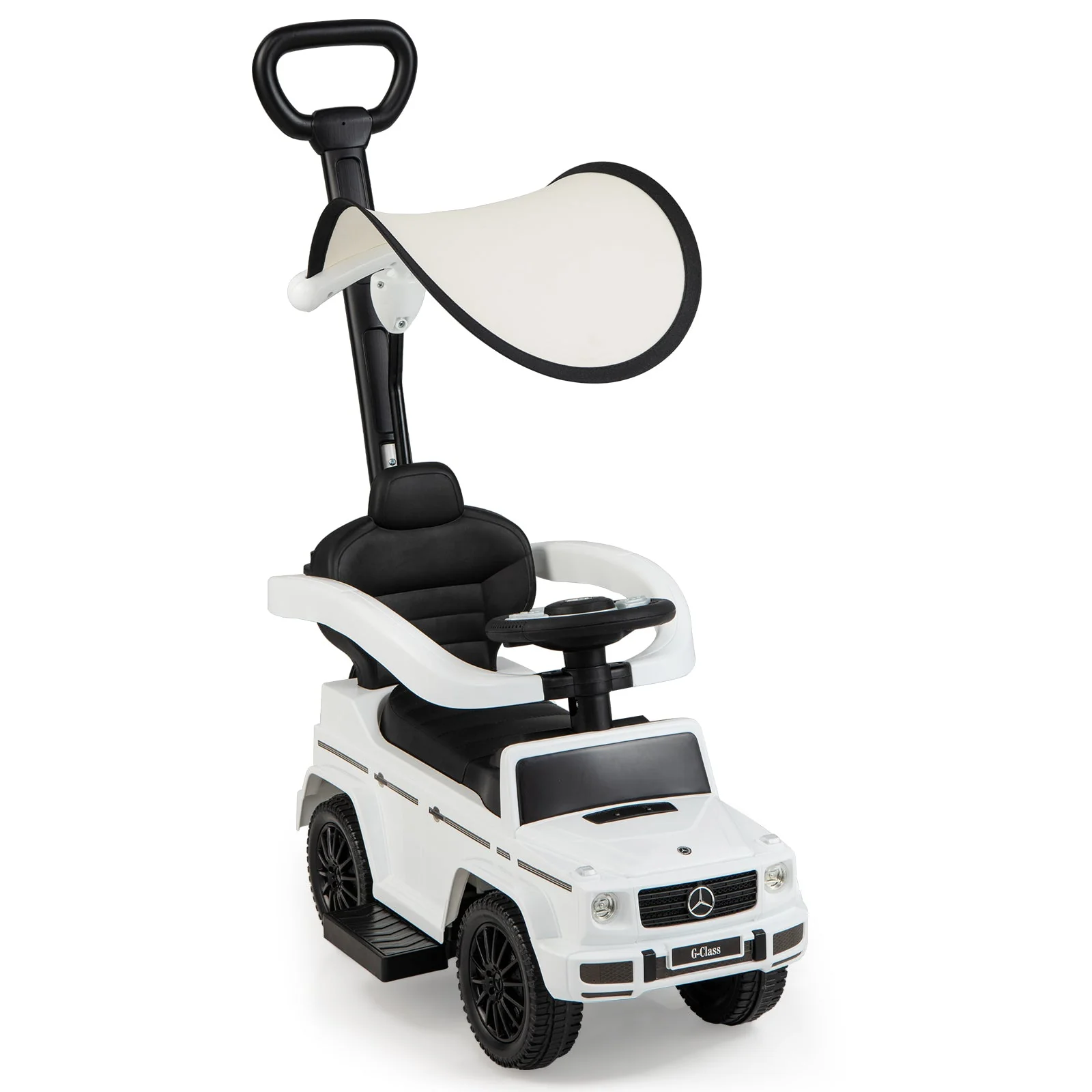 3-In-1 Ride on Push Car Mercedes Benz G350 Stroller Sliding Car with Canopy-White - Image 4