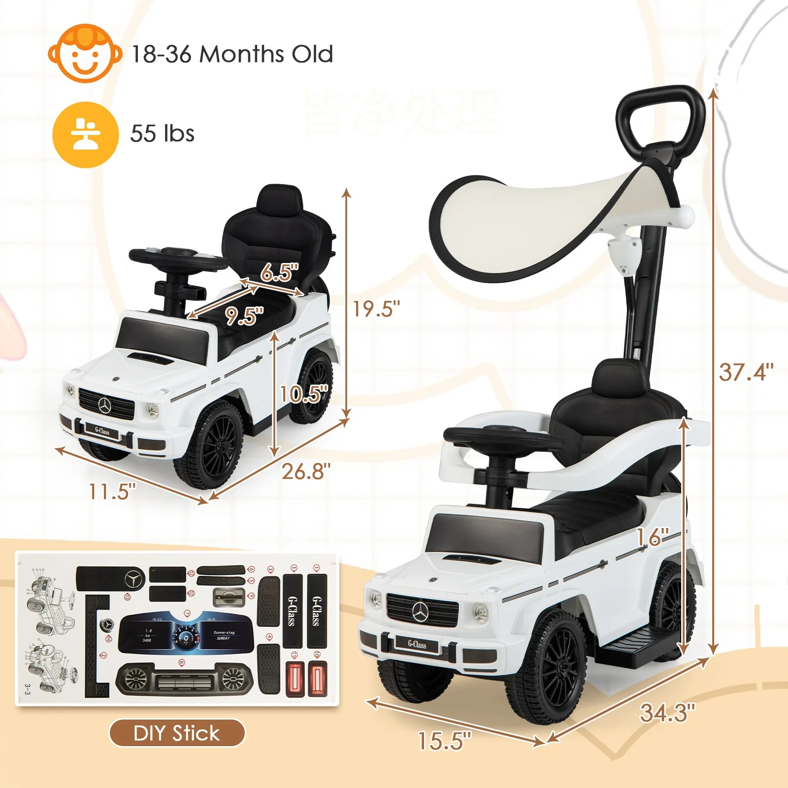 3-In-1 Ride on Push Car Mercedes Benz G350 Stroller Sliding Car with Canopy-White - Image 5