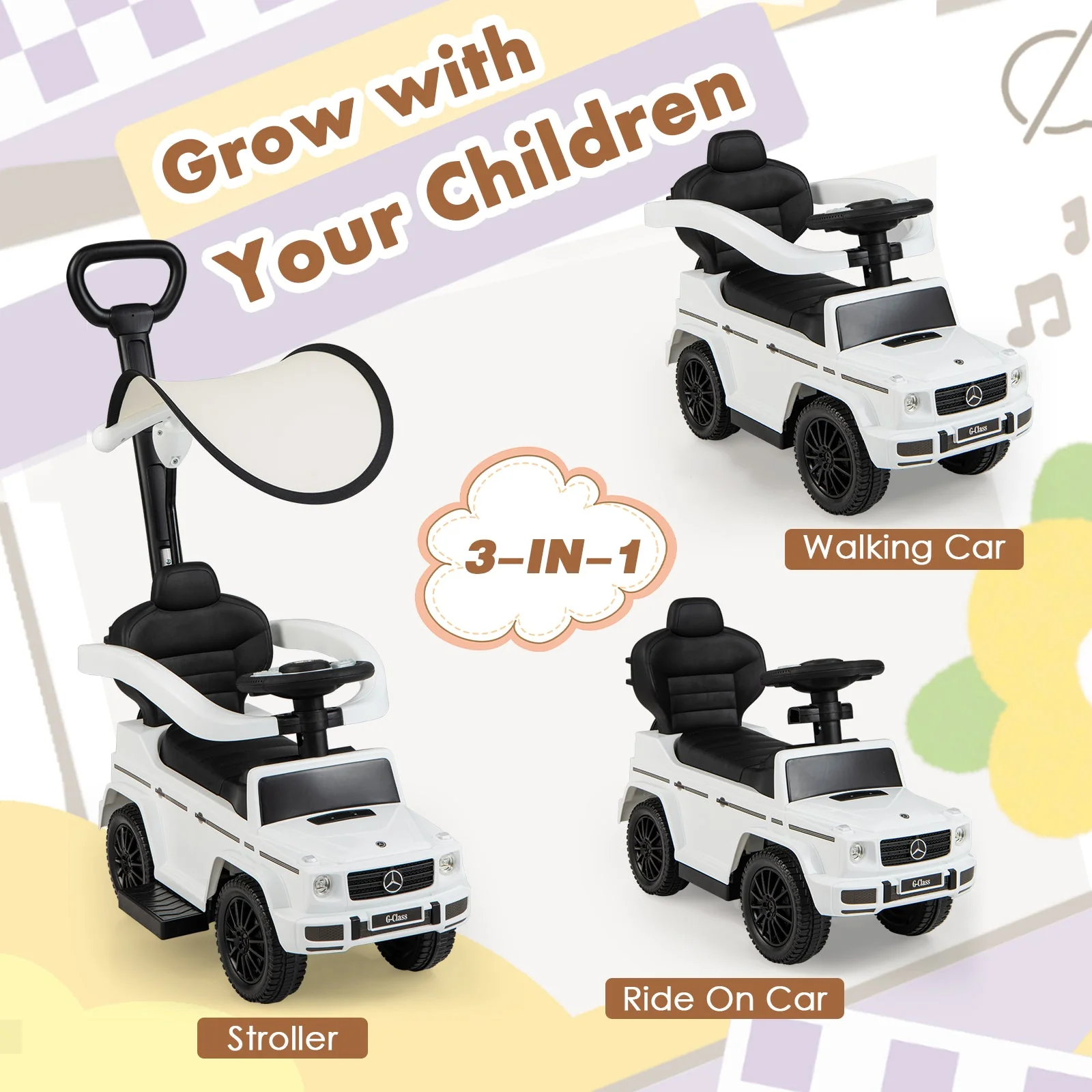 3-In-1 Ride on Push Car Mercedes Benz G350 Stroller Sliding Car with Canopy-White - Image 6