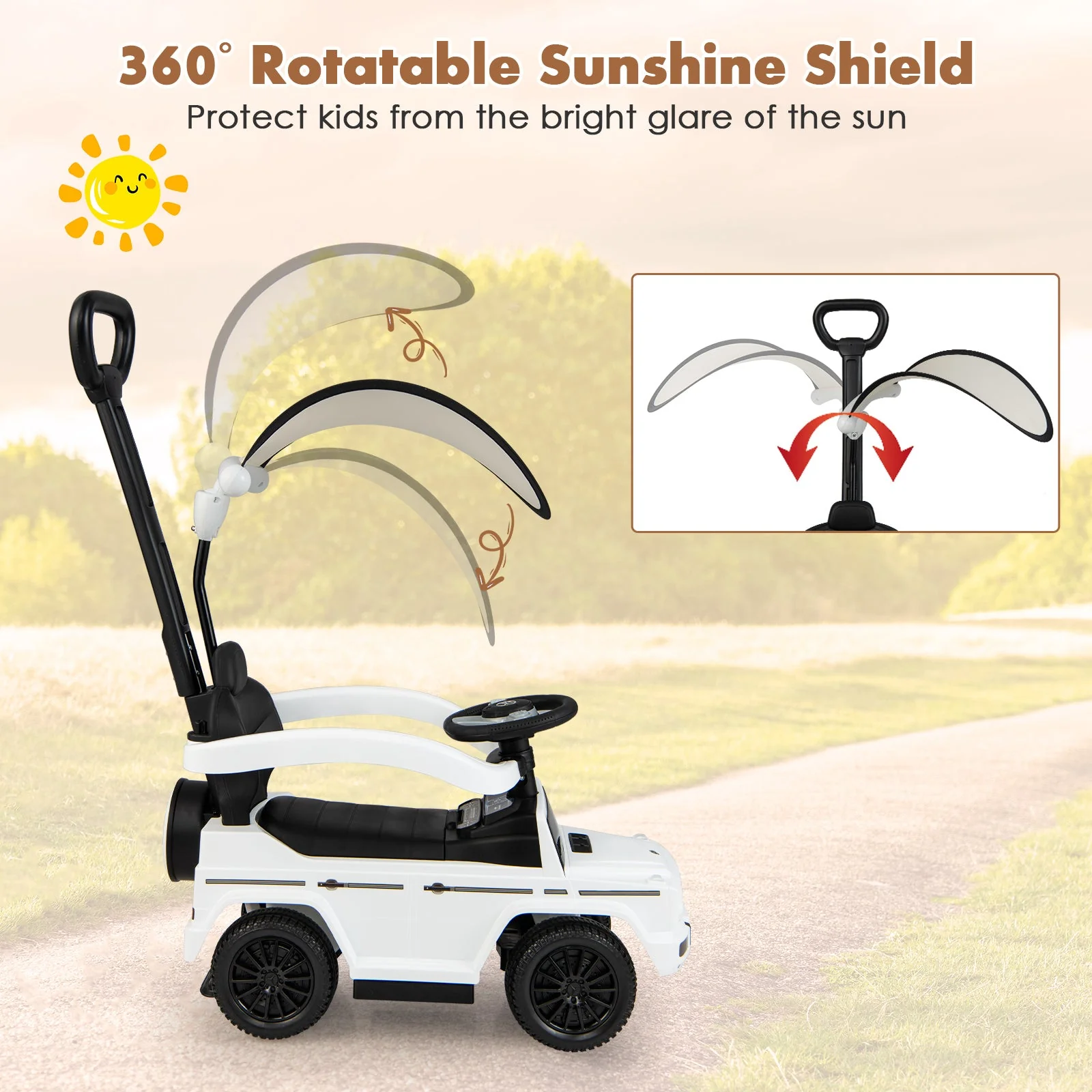 3-In-1 Ride on Push Car Mercedes Benz G350 Stroller Sliding Car with Canopy-White - Image 8