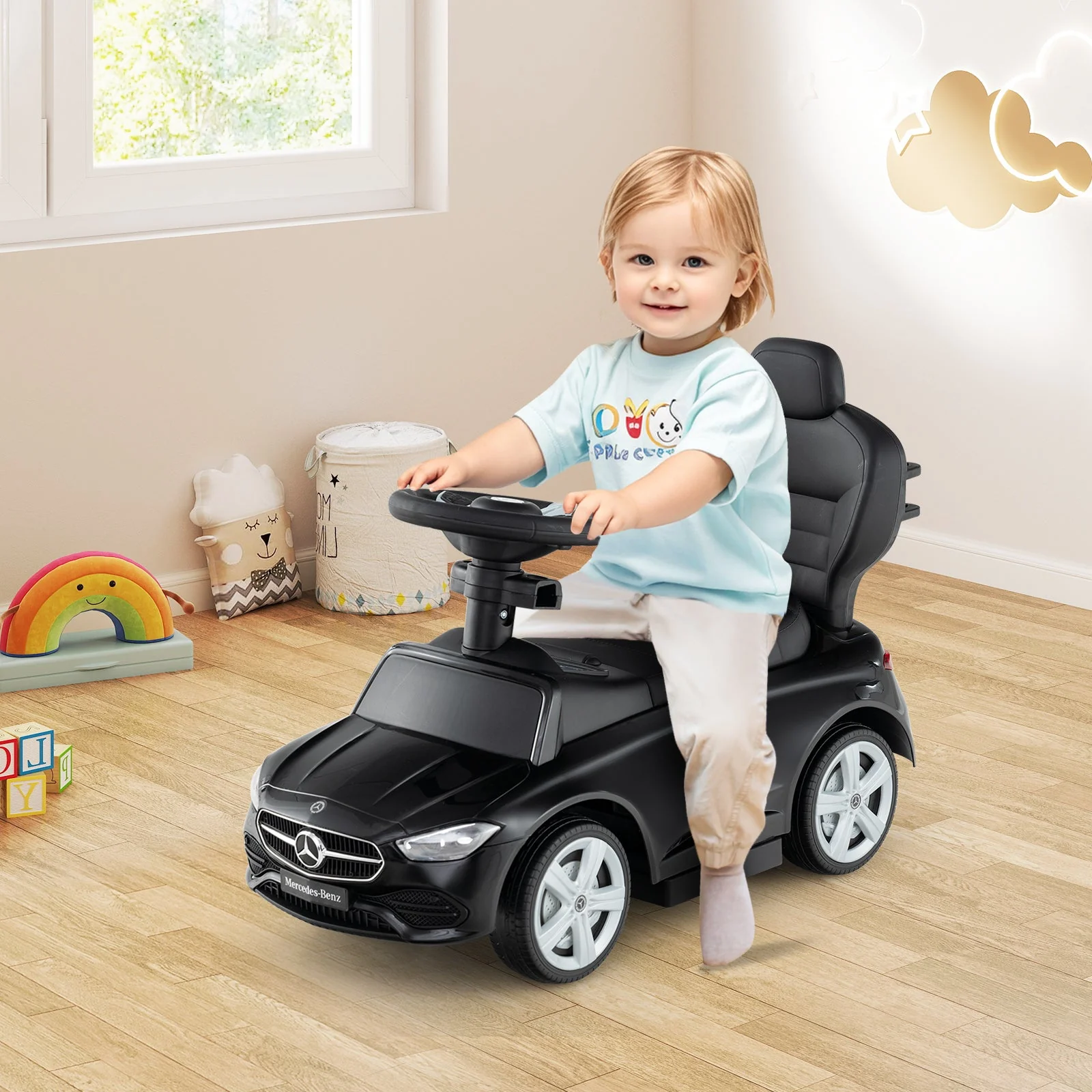3-in-1 Ride on Push Car Mercedes-Benz Licensed Sliding Car with Canopy-Black - Image 2