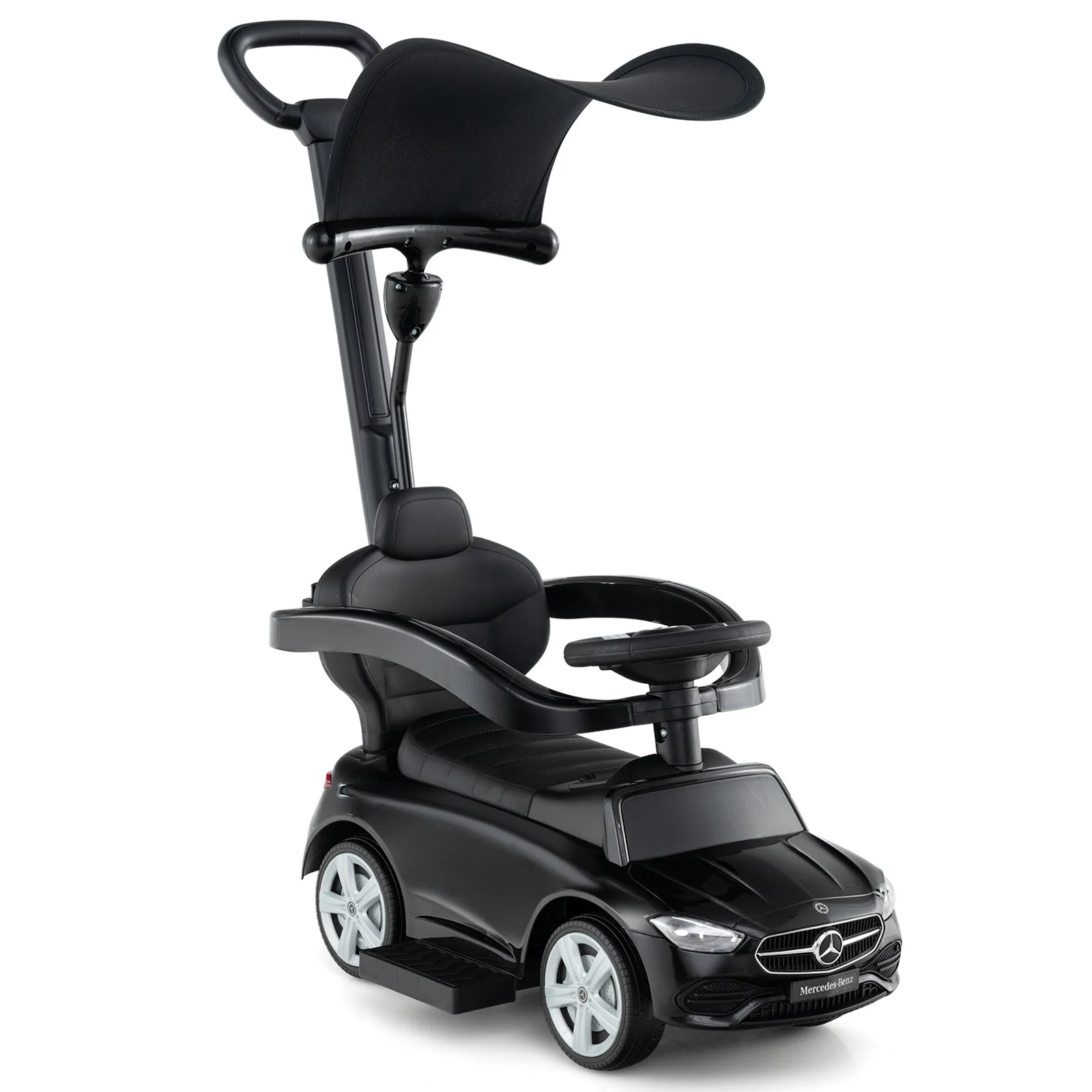 3-in-1 Ride on Push Car Mercedes-Benz Licensed Sliding Car with Canopy-Black - Image 3