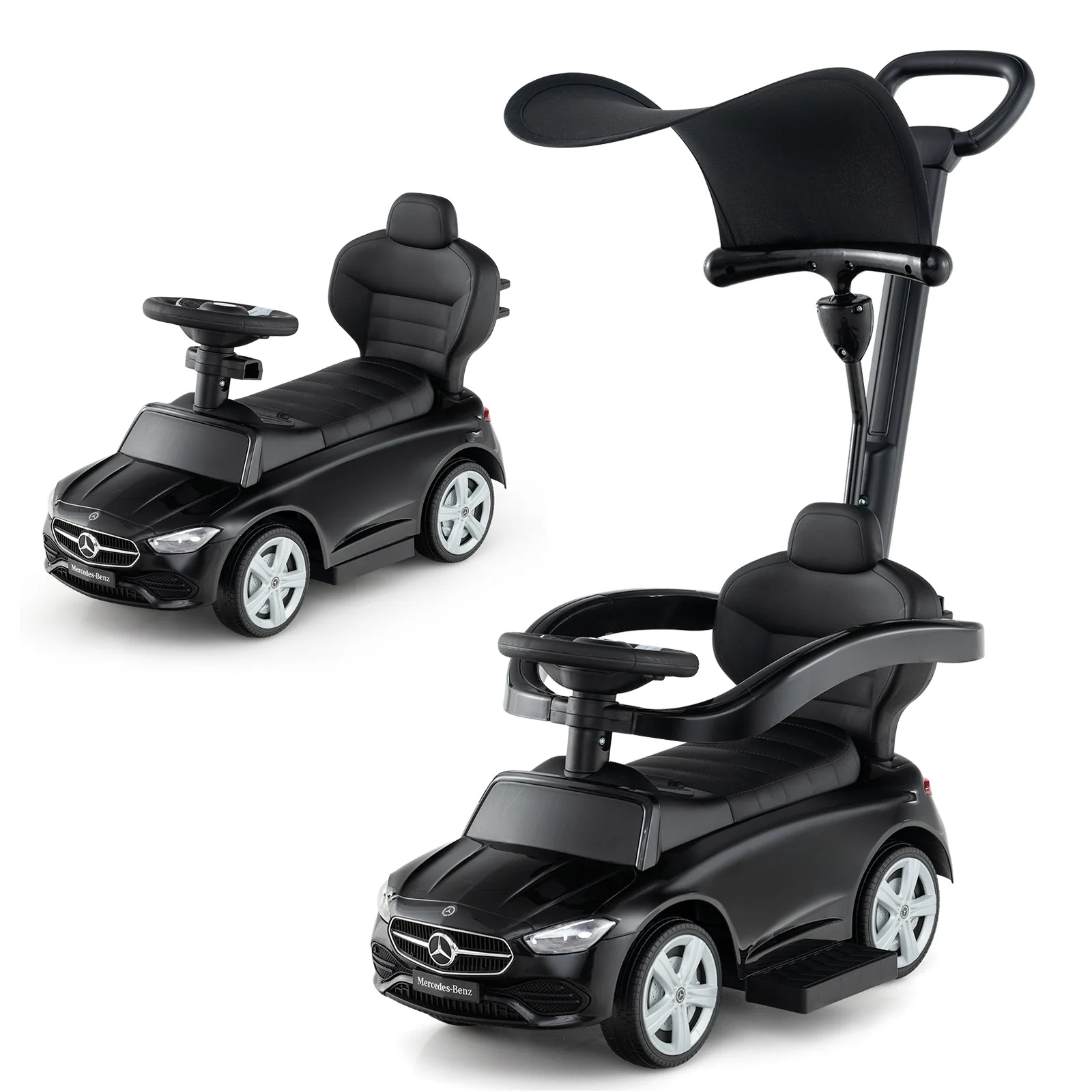 3-in-1 Ride on Push Car Mercedes-Benz Licensed Sliding Car with Canopy-Black - Image 4