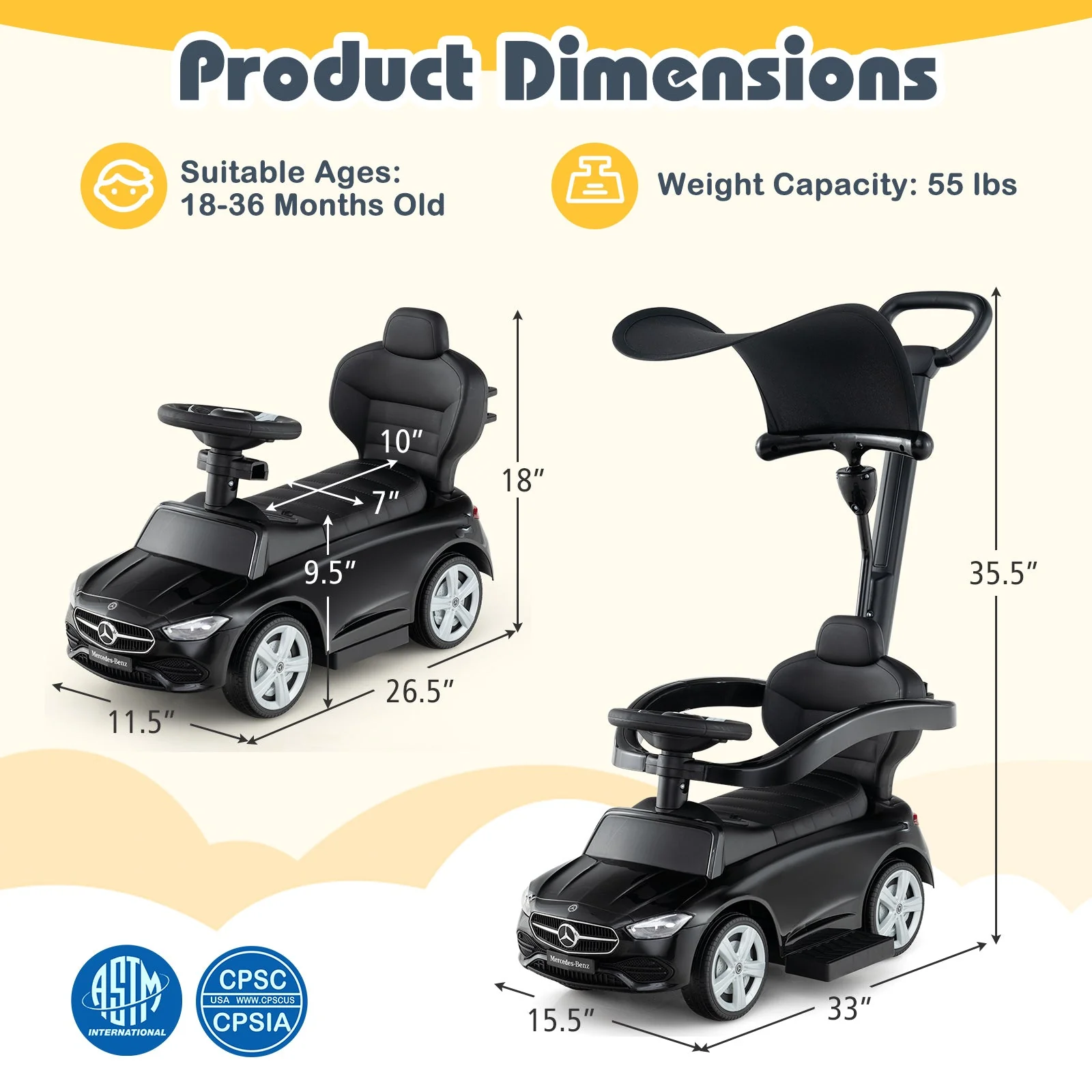 3-in-1 Ride on Push Car Mercedes-Benz Licensed Sliding Car with Canopy-Black - Image 5
