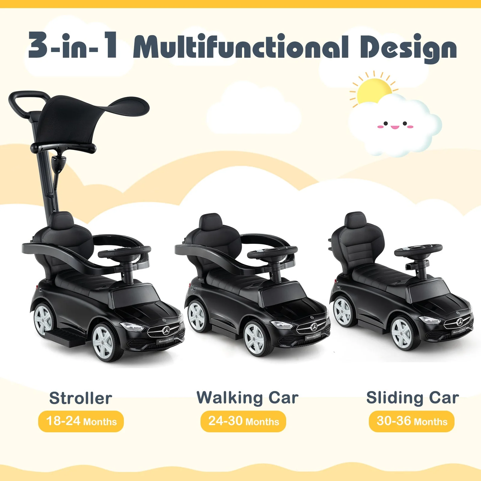 3-in-1 Ride on Push Car Mercedes-Benz Licensed Sliding Car with Canopy-Black - Image 6