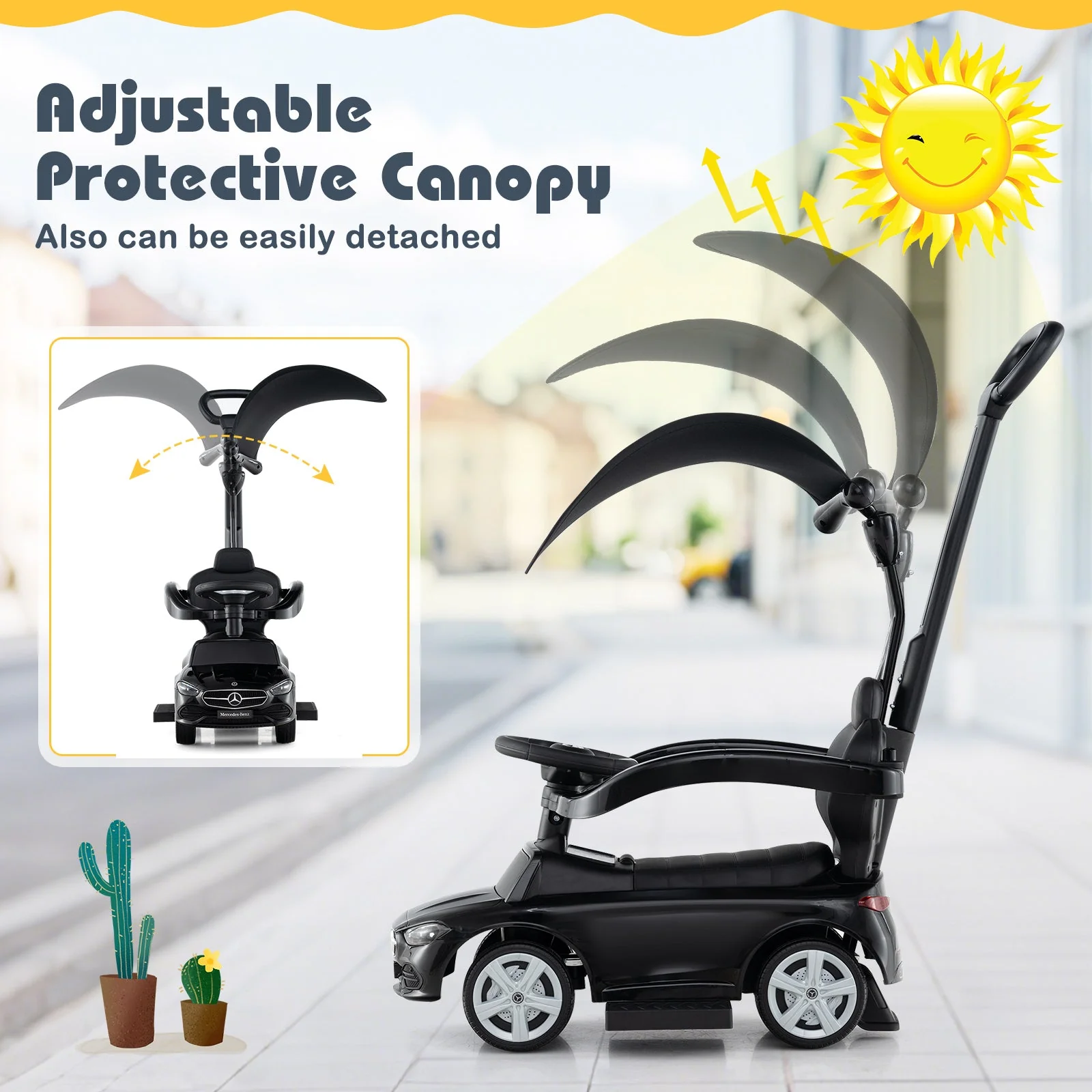 3-in-1 Ride on Push Car Mercedes-Benz Licensed Sliding Car with Canopy-Black - Image 7
