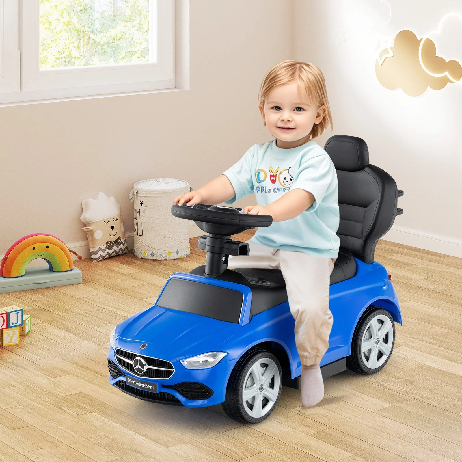 3-in-1 Ride on Push Car Mercedes-Benz Licensed Sliding Car with Canopy-Blue - Image 2