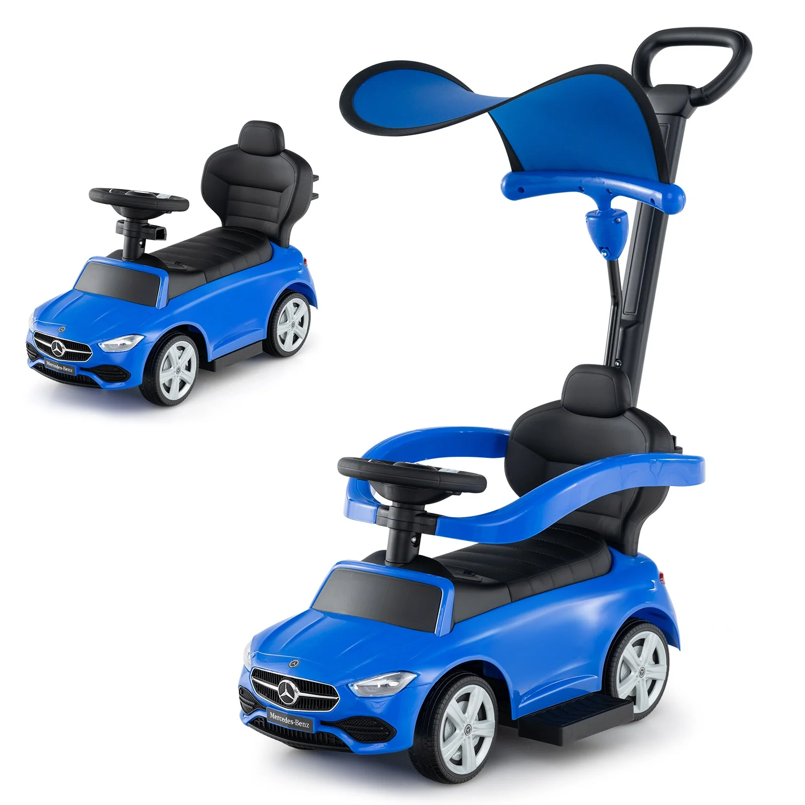 3-in-1 Ride on Push Car Mercedes-Benz Licensed Sliding Car with Canopy-Blue - Image 4