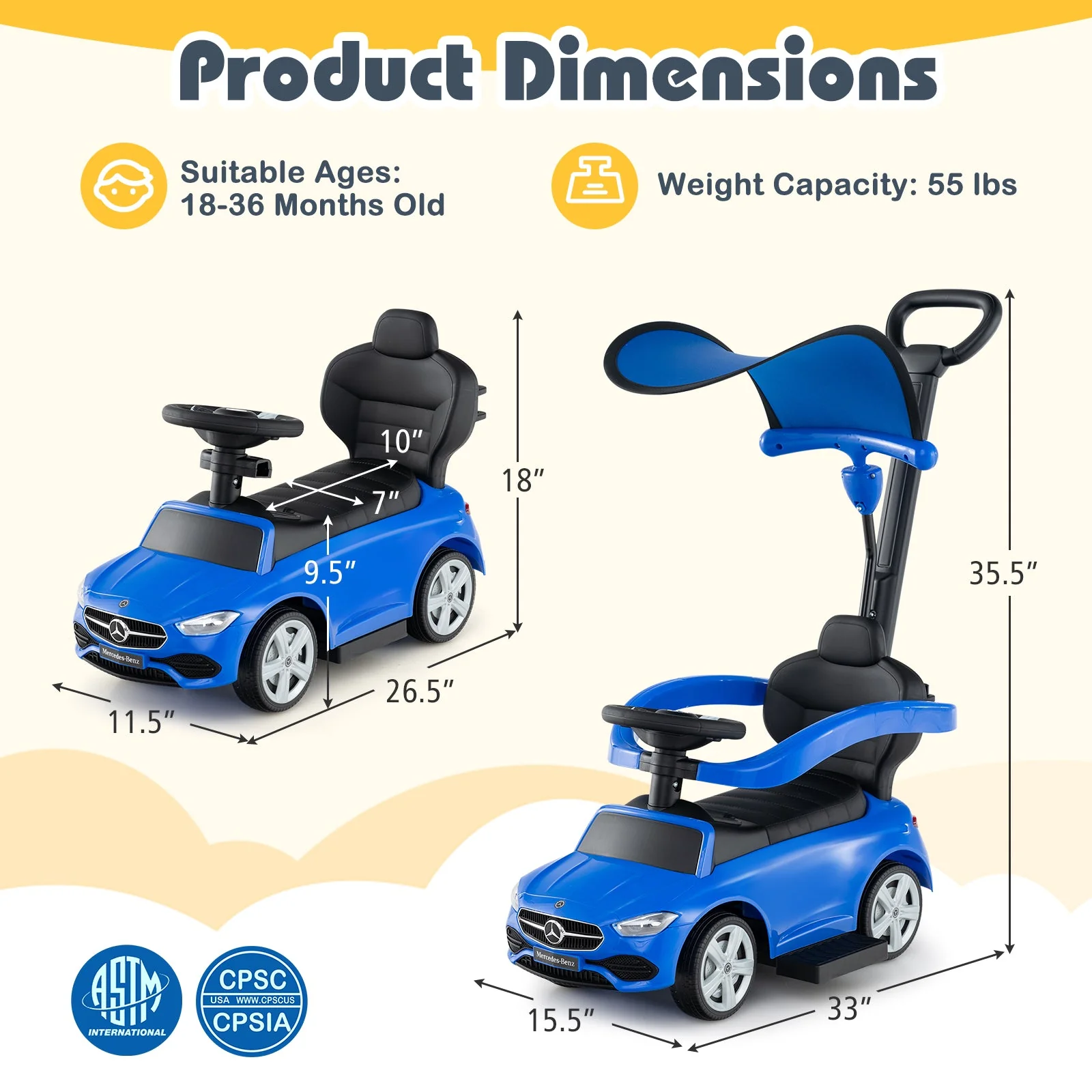 3-in-1 Ride on Push Car Mercedes-Benz Licensed Sliding Car with Canopy-Blue - Image 5